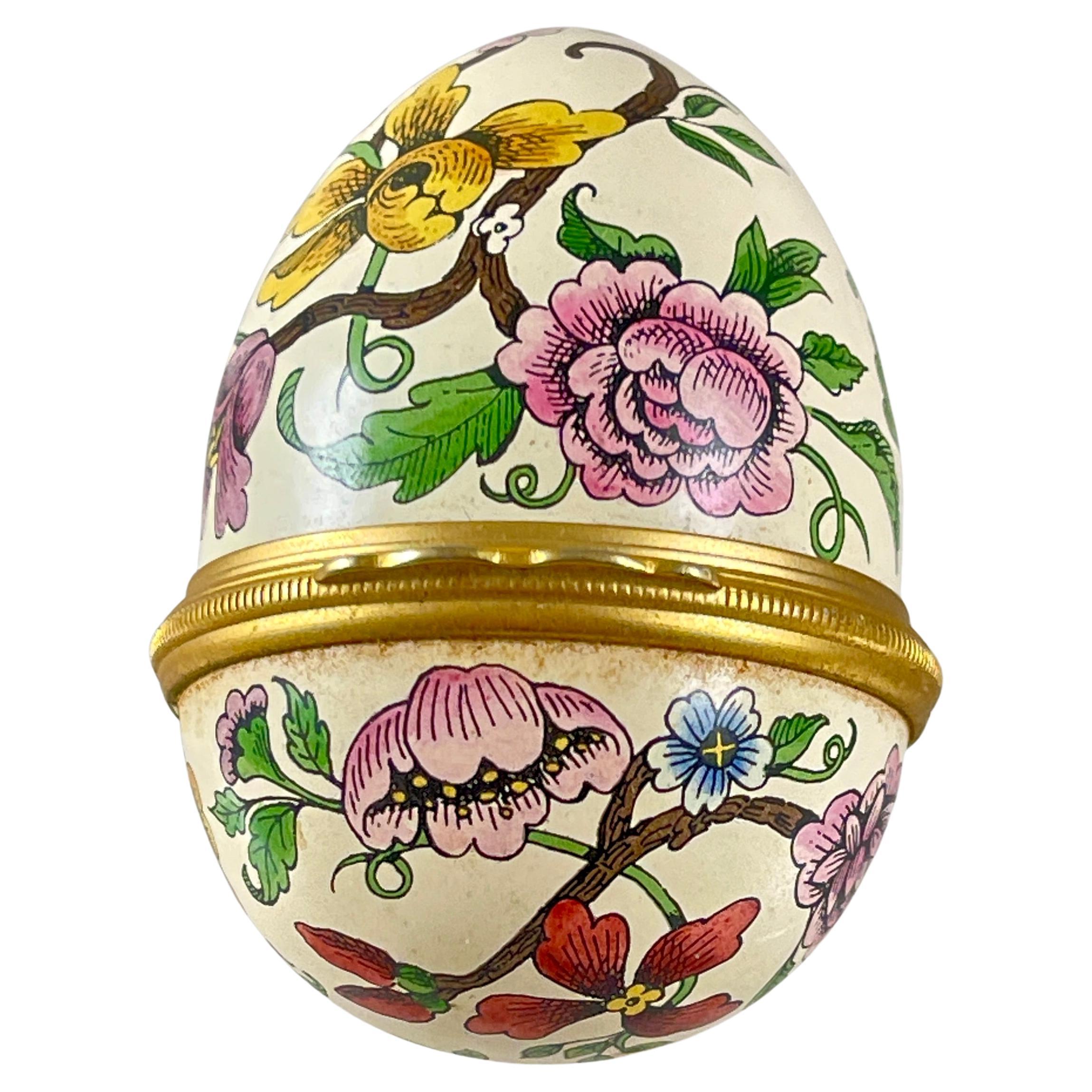 Caja de baratijas Halcyon Days English Bilston Esmalte Floral Huevo