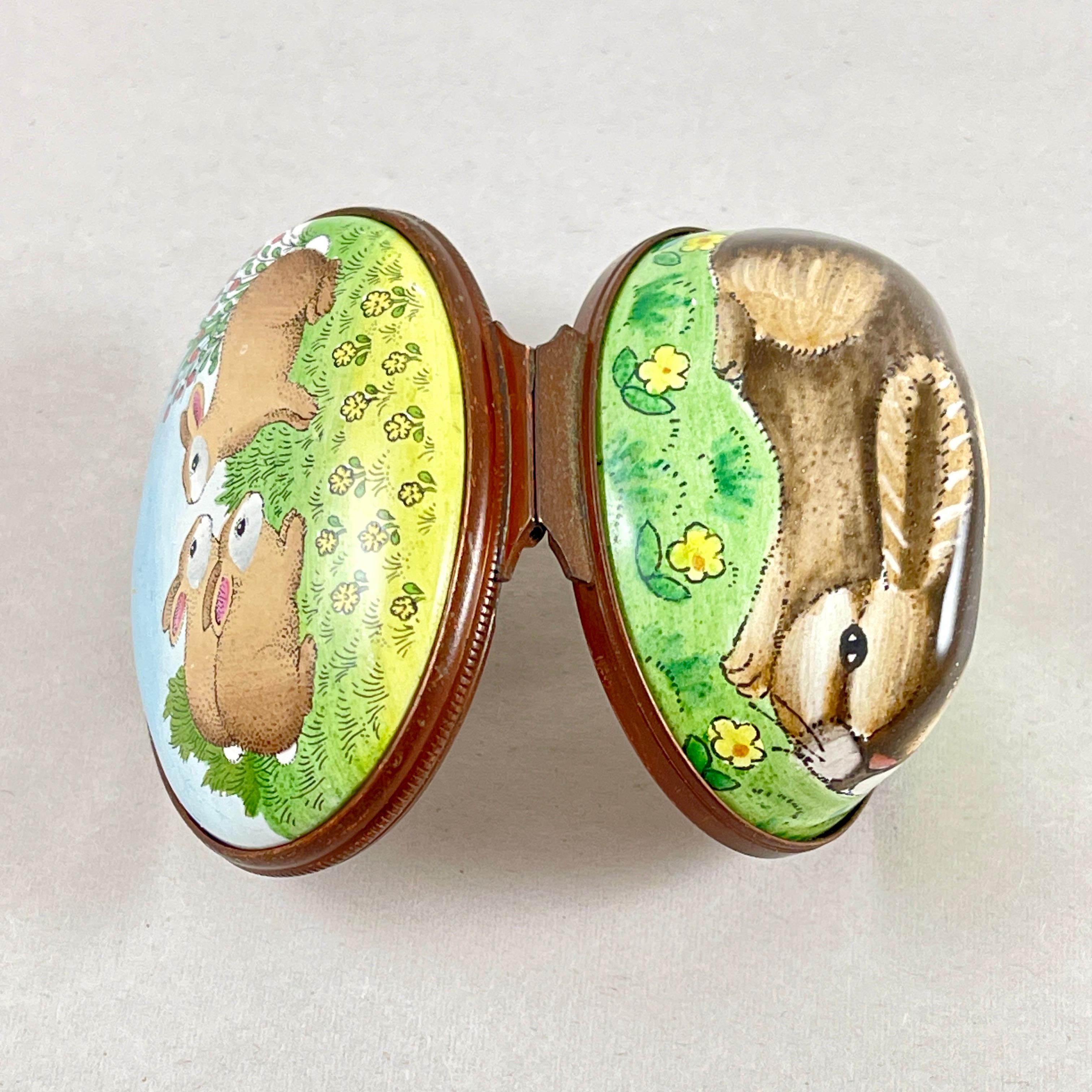 From Halcyon Days, a Bilston enamel trinket box shaped as a rabbit,  Stoke-on-Trent, England, circa 1970-1980s.

Established in the 1950s, Halcyon Days Ltd is a British business which holds all three Royal Warrants to the British Royal Household as