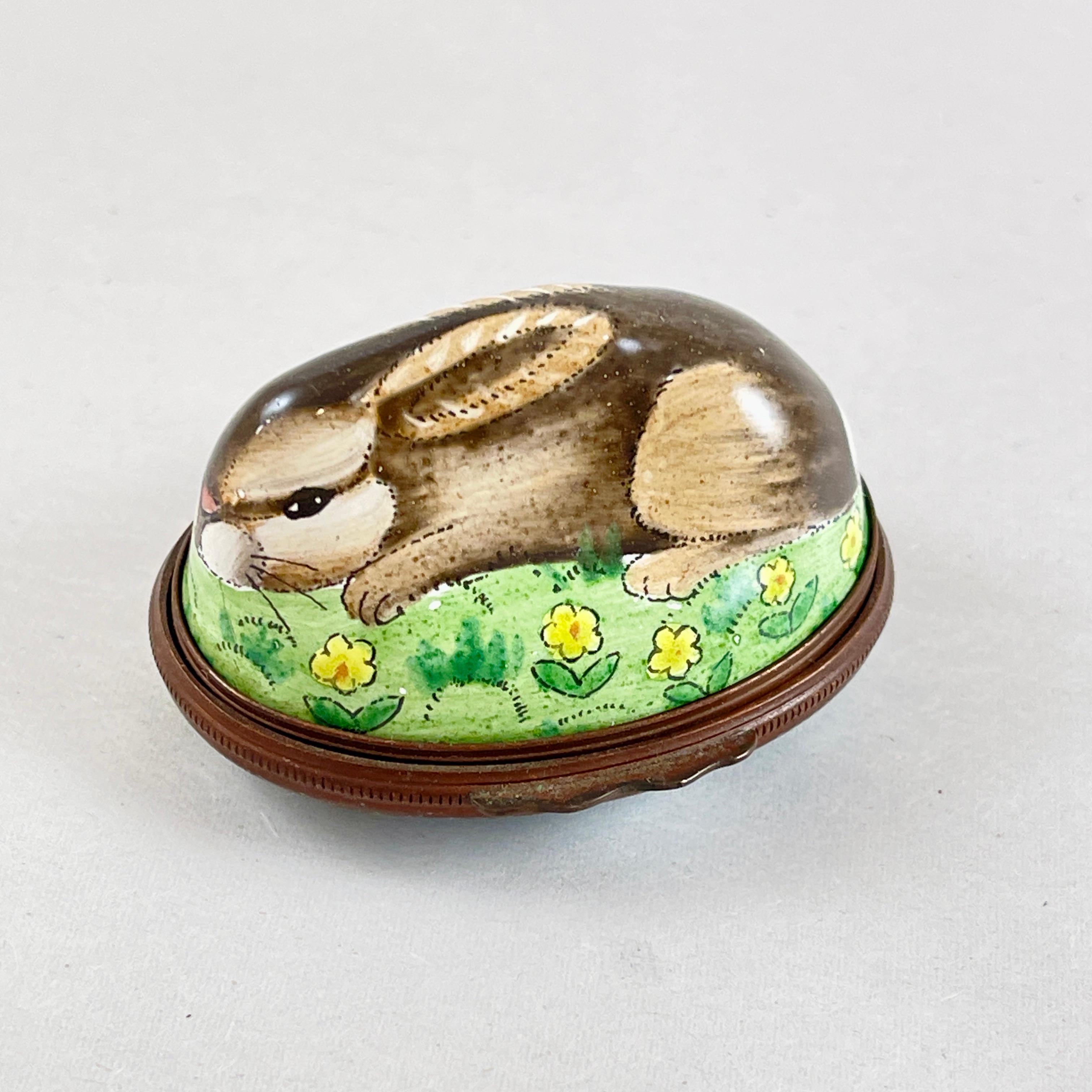 International Style Halcyon Days English Bilston Enamel Rabbit Trinket Box For Sale