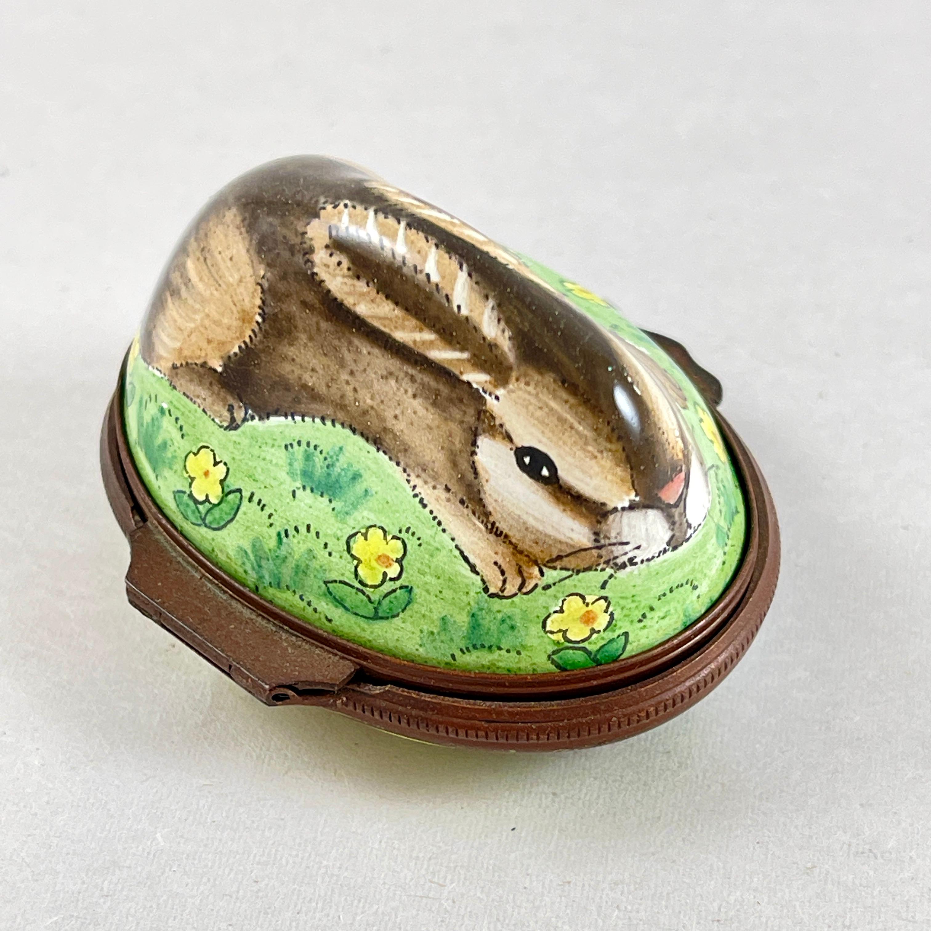 Late 20th Century Halcyon Days English Bilston Enamel Rabbit Trinket Box For Sale