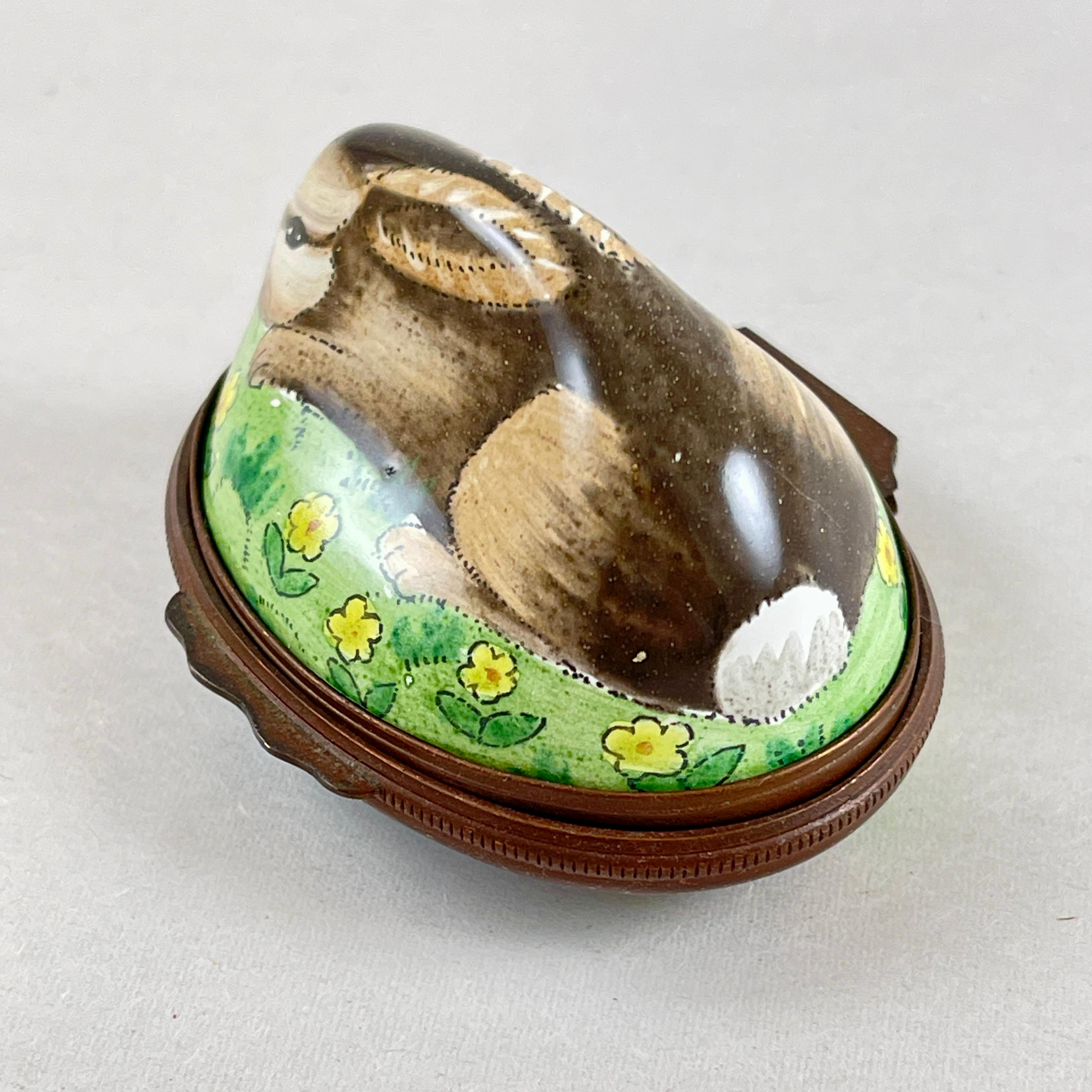 Copper Halcyon Days English Bilston Enamel Rabbit Trinket Box For Sale