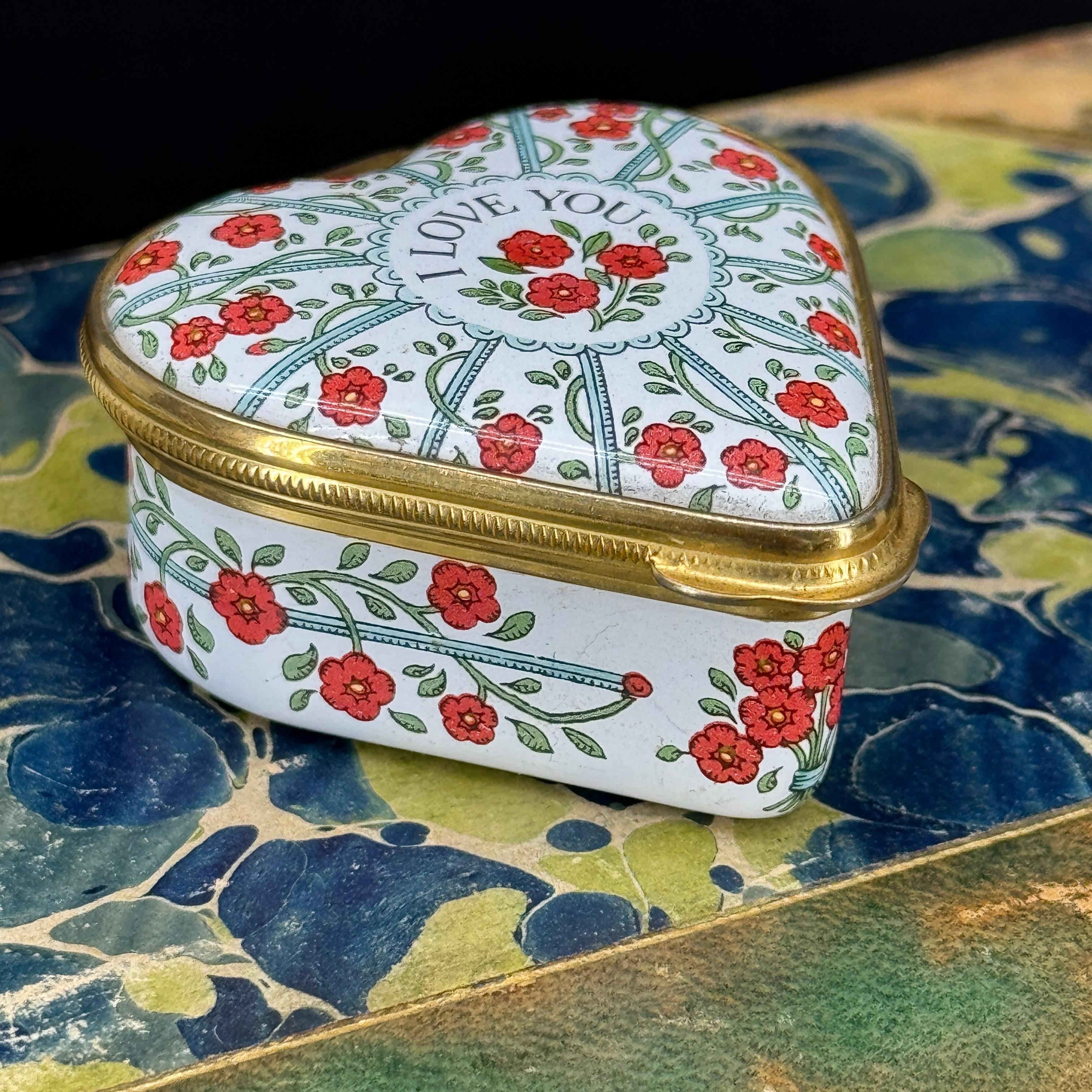 English Halcyon Days Heart Shaped Enamel Painted Trinket Box For Sale