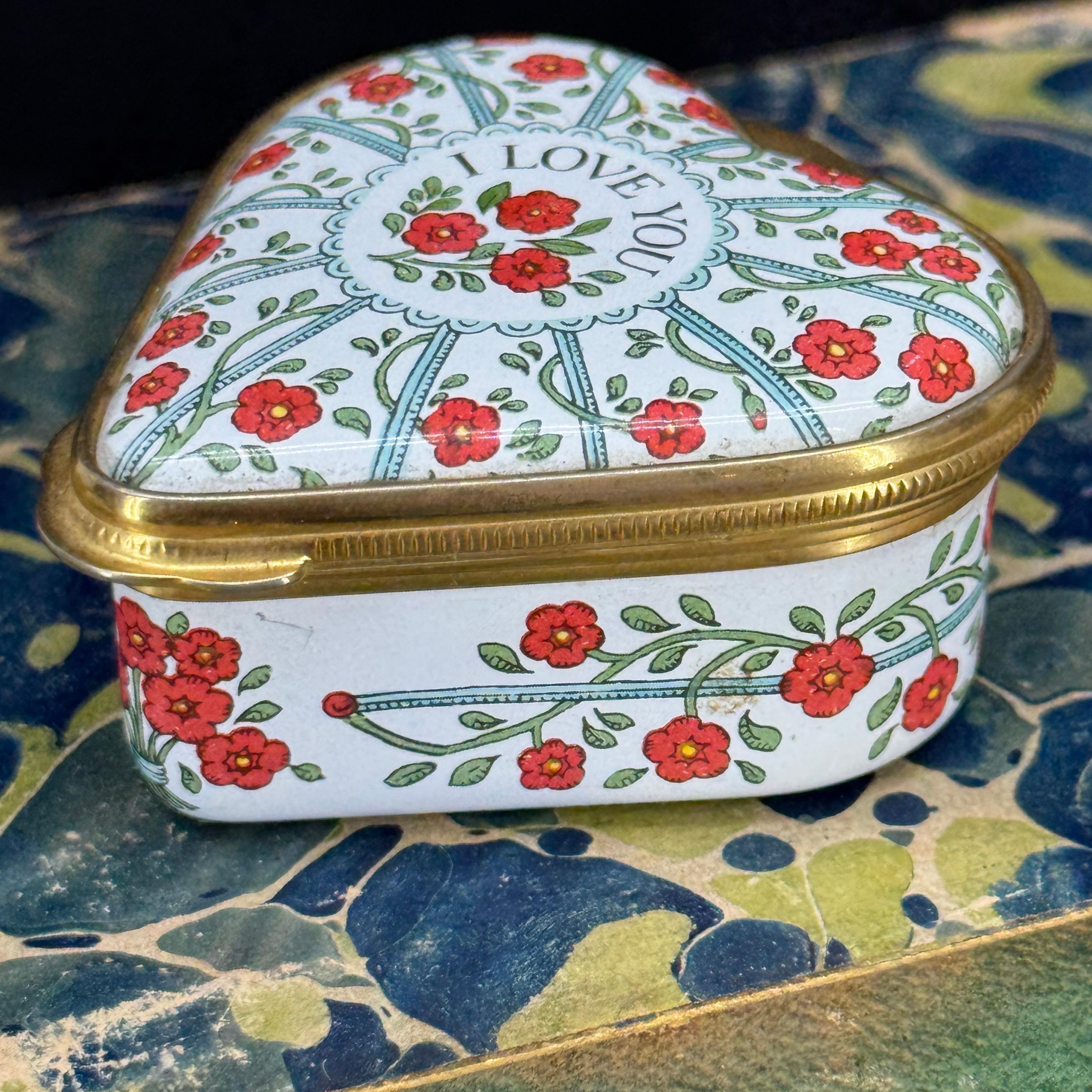 Hand-Crafted Halcyon Days Heart Shaped Enamel Painted Trinket Box For Sale