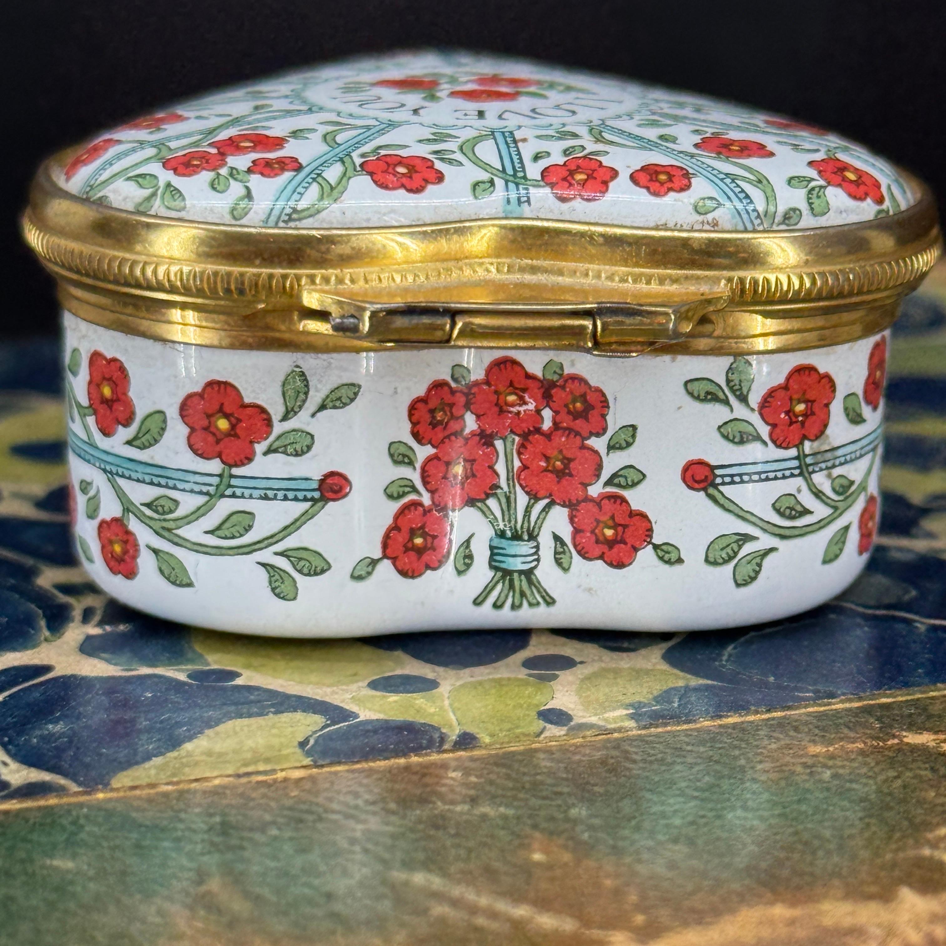 Gold Halcyon Days Heart Shaped Enamel Painted Trinket Box For Sale