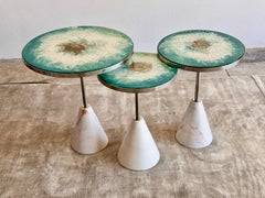 Halcyon.S Set of Three Contemporary Sunburst Glass and Marble Side Tables