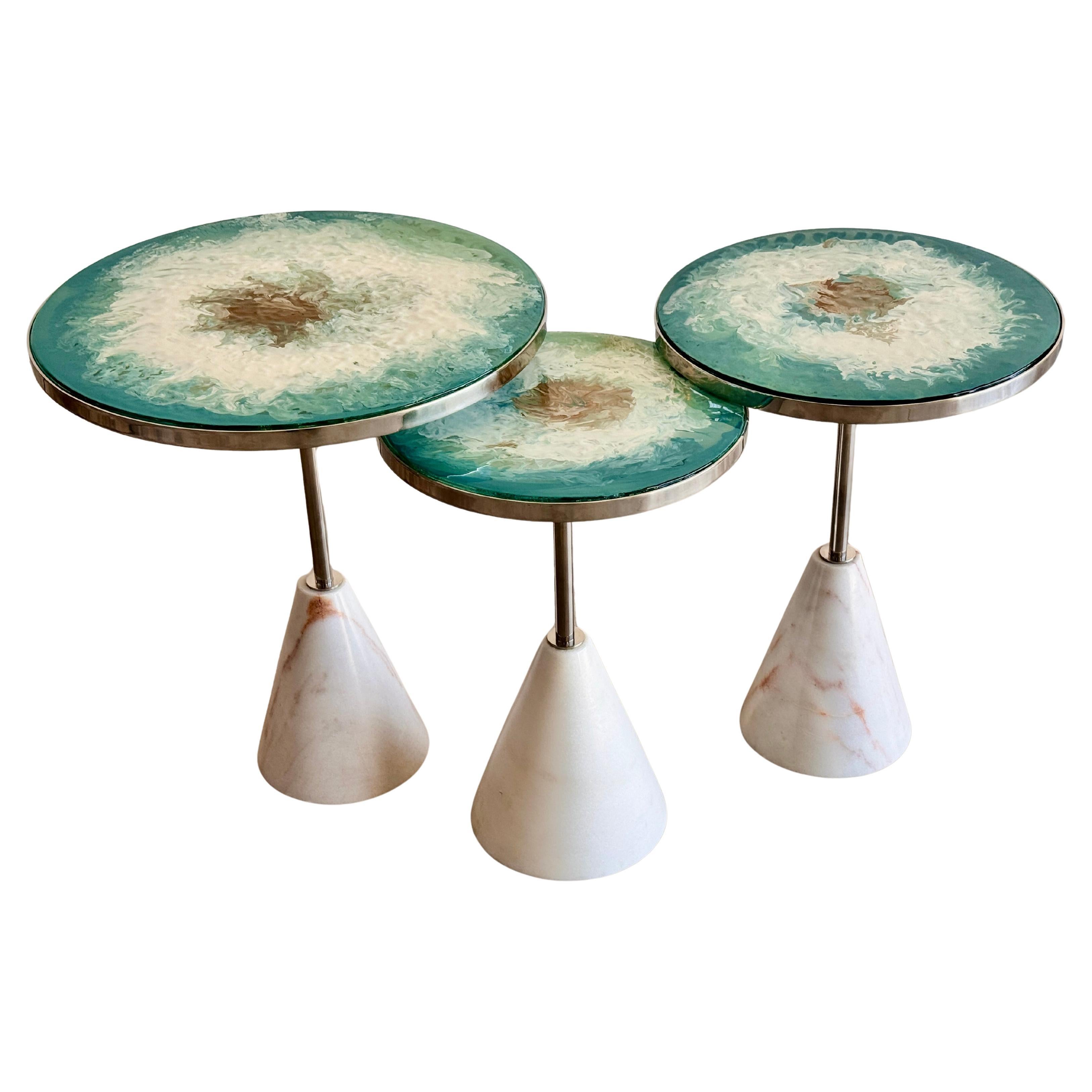 Halcyon.S Set of Three Contemporary Sunburst Glass and Marble Side Tables For Sale