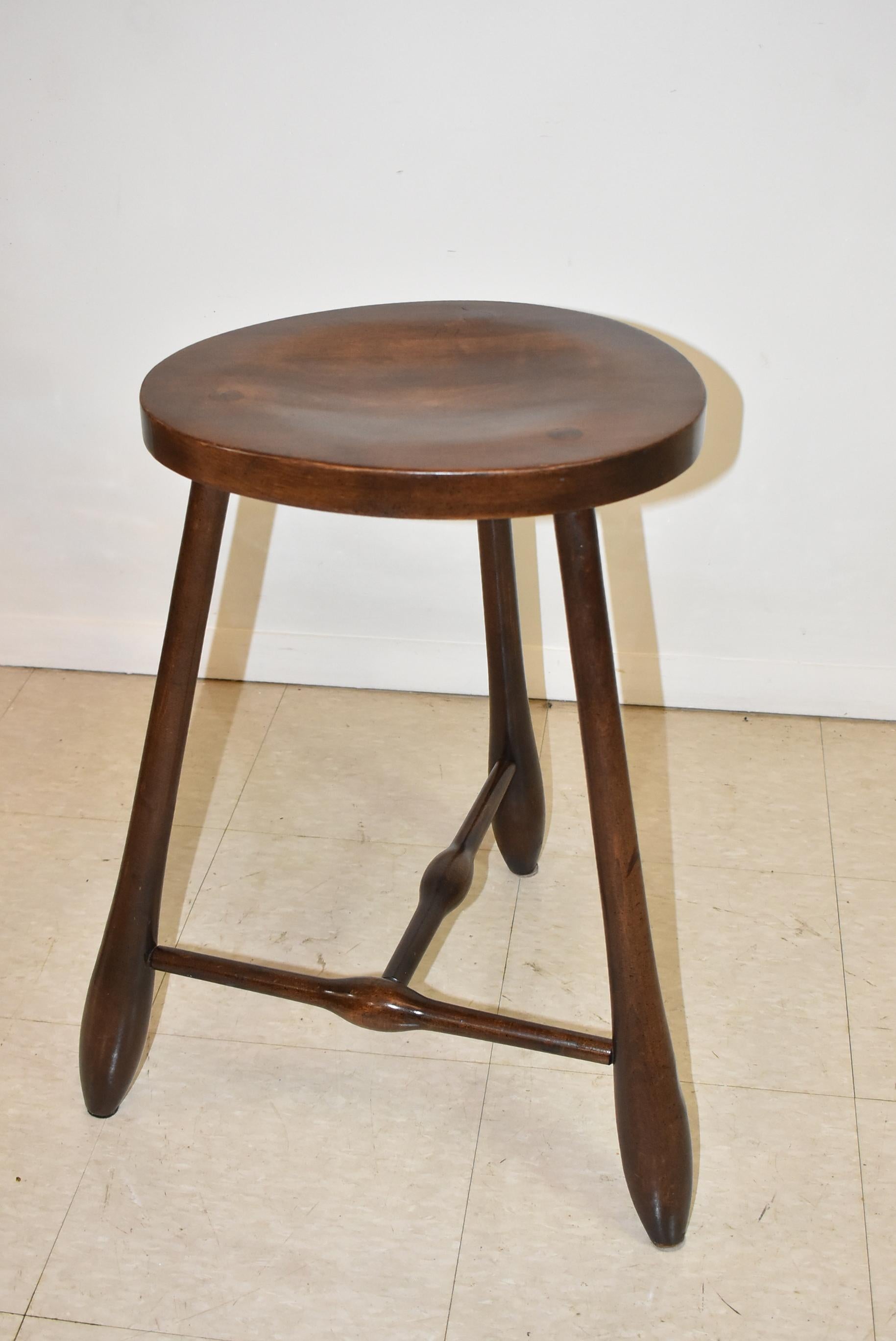 Hale of Vermont stools in maple with dark finish. Hand made with club shaped legs mortised and tenoned to the stretchers and the seat. Excellent condition, original finish. 19
