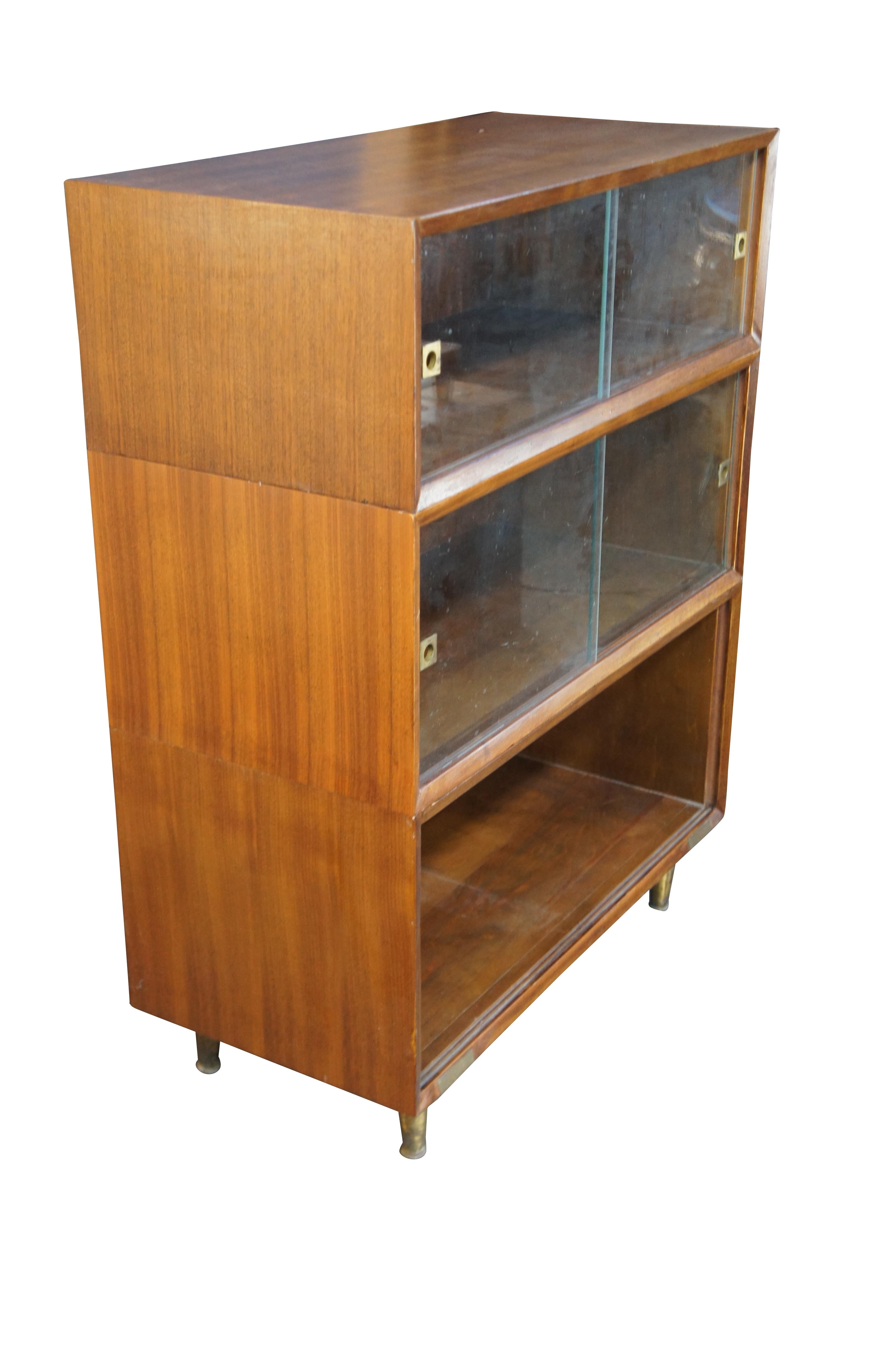 Mid-Century Modern Hale Walnut Barrister Style Stacked Bookcase Display Cabinet Mid Century Modern
