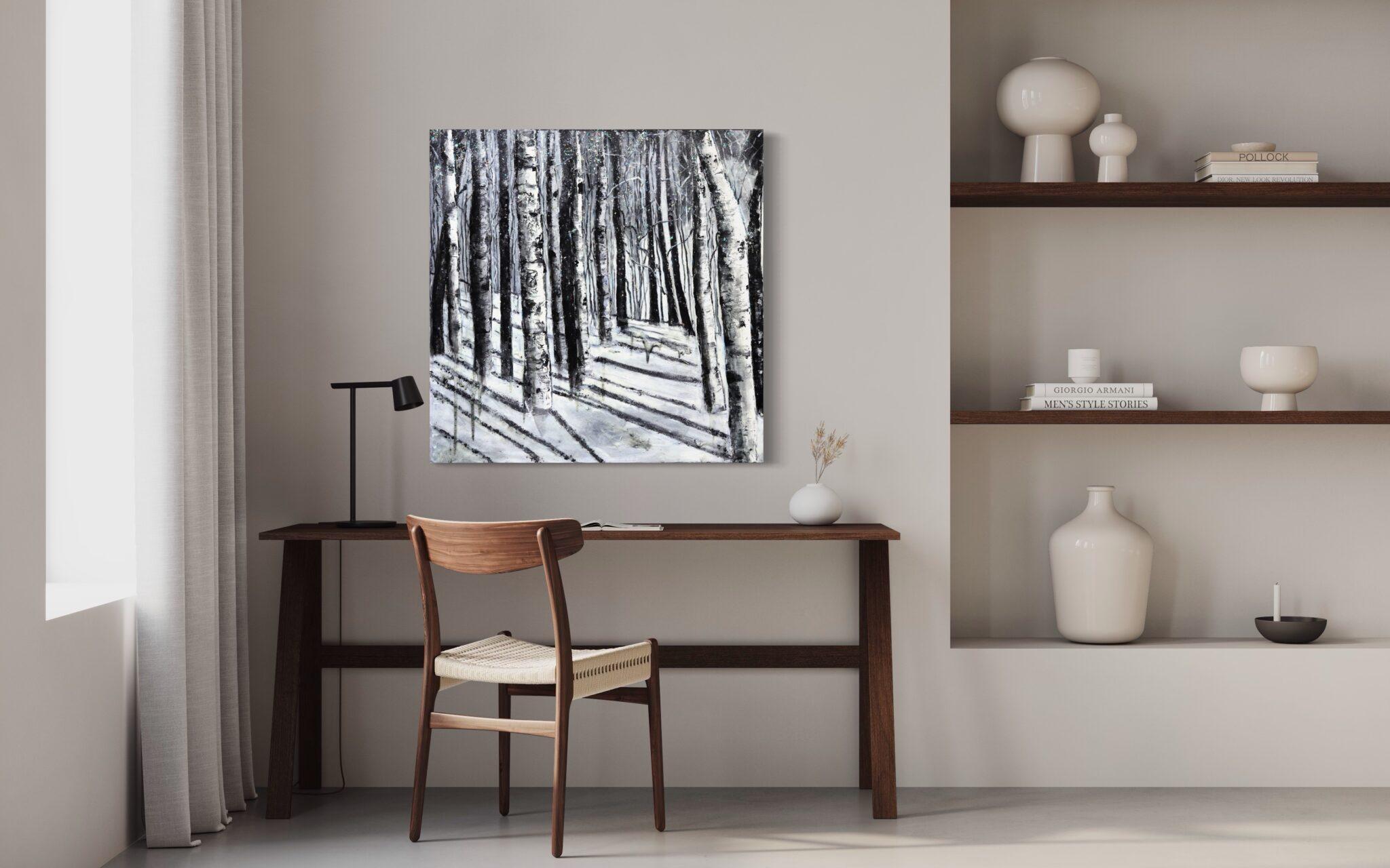 Haleh Mashian’s “Icelandic Glow” strips the forest down to its purest elements—light, shadow, and texture—putting the stark beauty of winter on fully display. Deep blacks and radiant whites form a dramatic contrast, allowing the interplay of