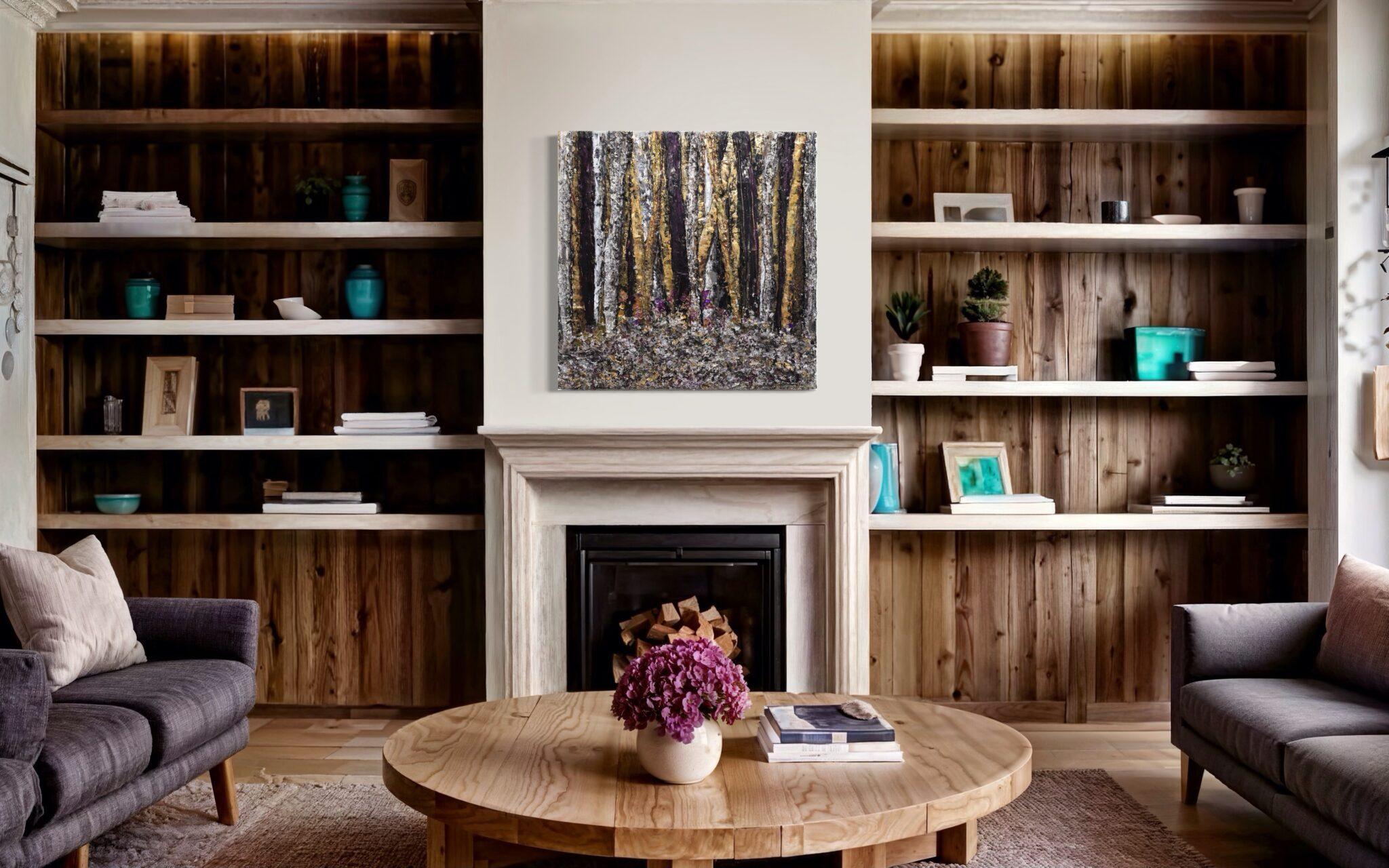 Haleh Mashian’s “Opulent Embrace” radiates an almost celestial glow, transforming the forest into a place of grandeur and mystery. Rich gold tones cascade through deep blacks and spectral whites, creating a striking contrast that feels both regal