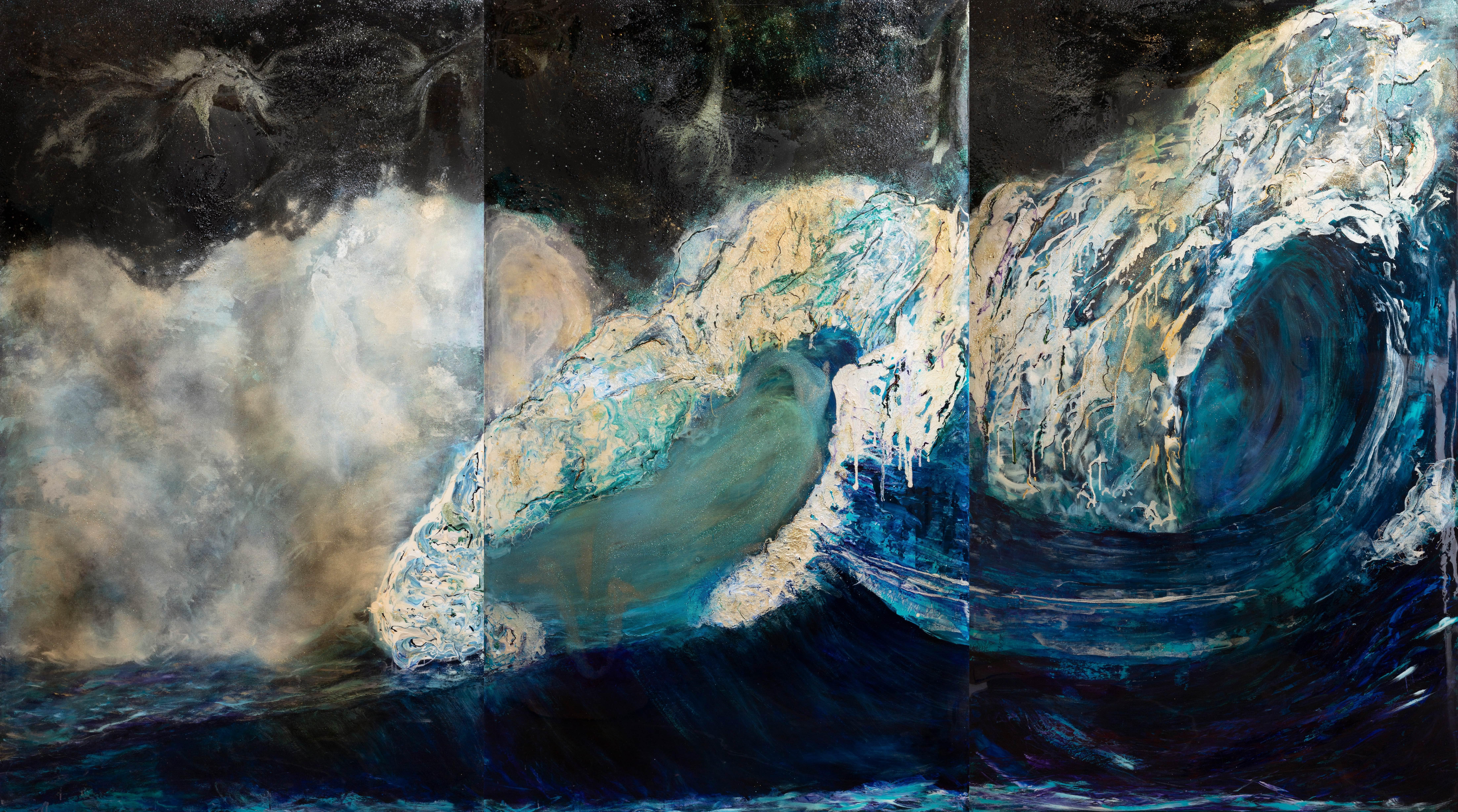 „Glistening Heights“ – Texturiertes abstraktes Triptychongemälde von Haleh Mashian