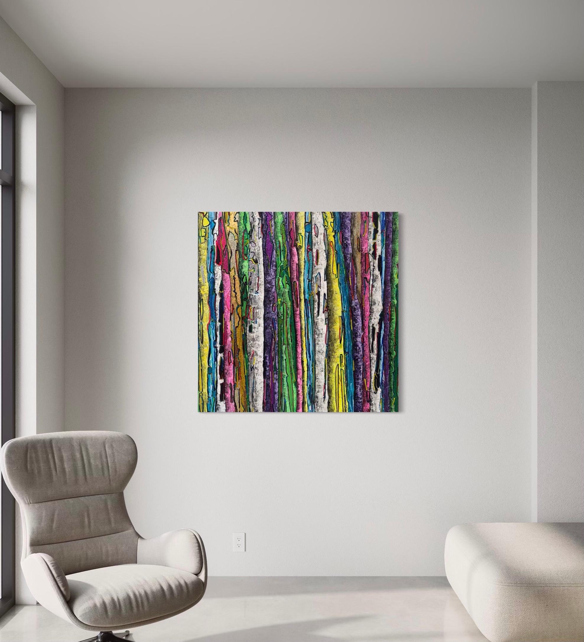 Haleh Mashian transforms the natural world into a radiant vision of contemporary abstraction. Carved directly into wood, the surface becomes sculptural, with vertical grooves and ridges that mirror the rhythm and density of a forest. Vivid bands of