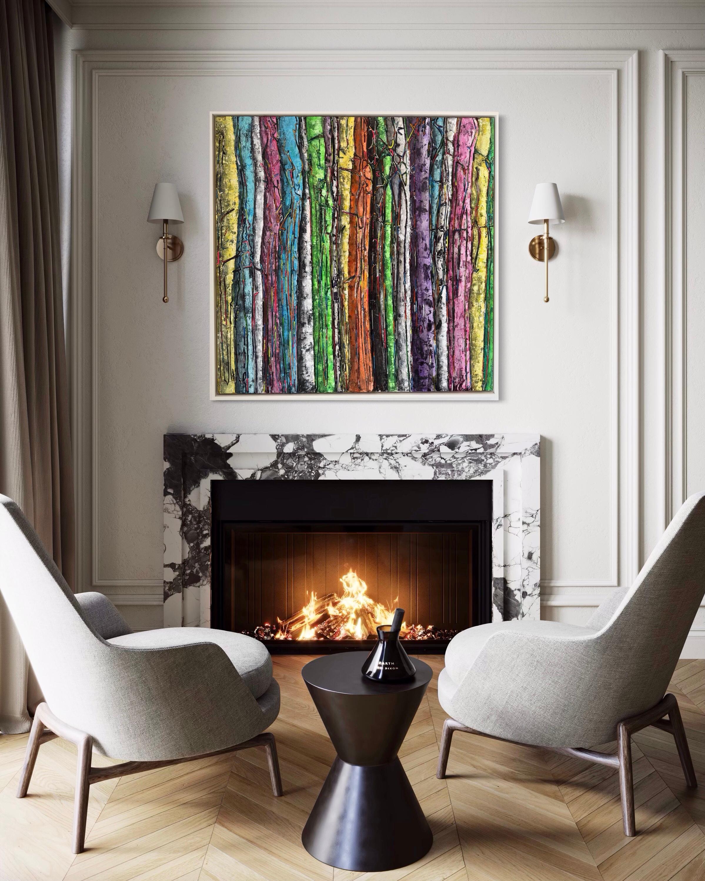 Carved directly into wood, Mashian transforms the forest into a radiant field of color, rhythm, and movement. The composition carries a sculptural presence, with vertical trunks rising in vivid hues of orange, green, yellow, purple, silver, and