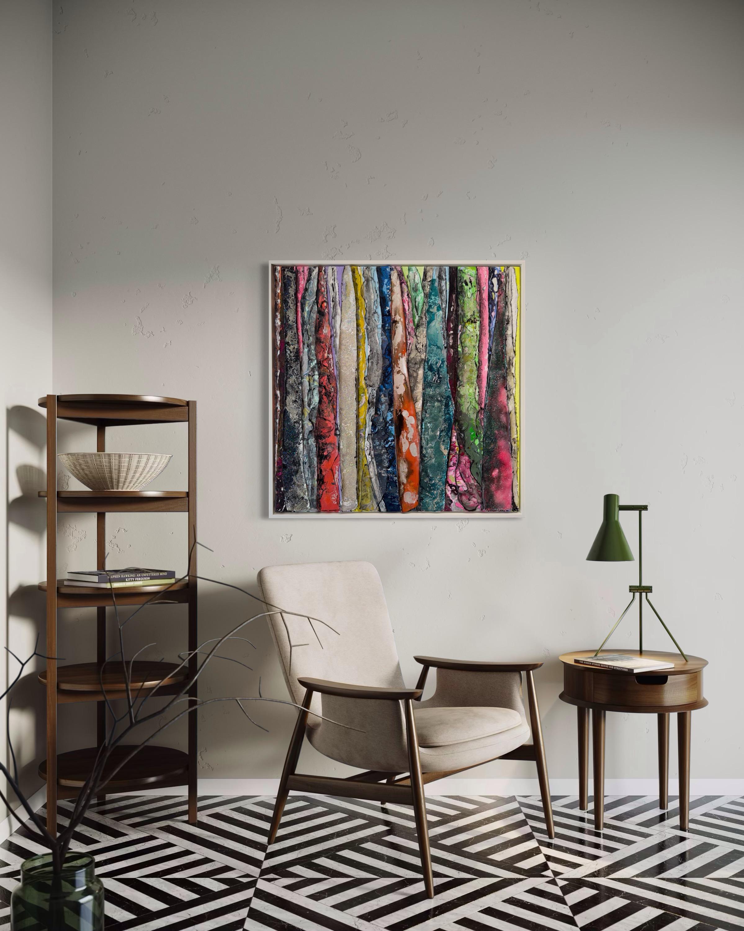 Haleh Mashian fuses natural inspiration with contemporary material innovation. Vertical bands resembling tree bark stand layered against one another, yet their surfaces feel fluid and untamed — almost liquid in appearance. This dynamic texture is