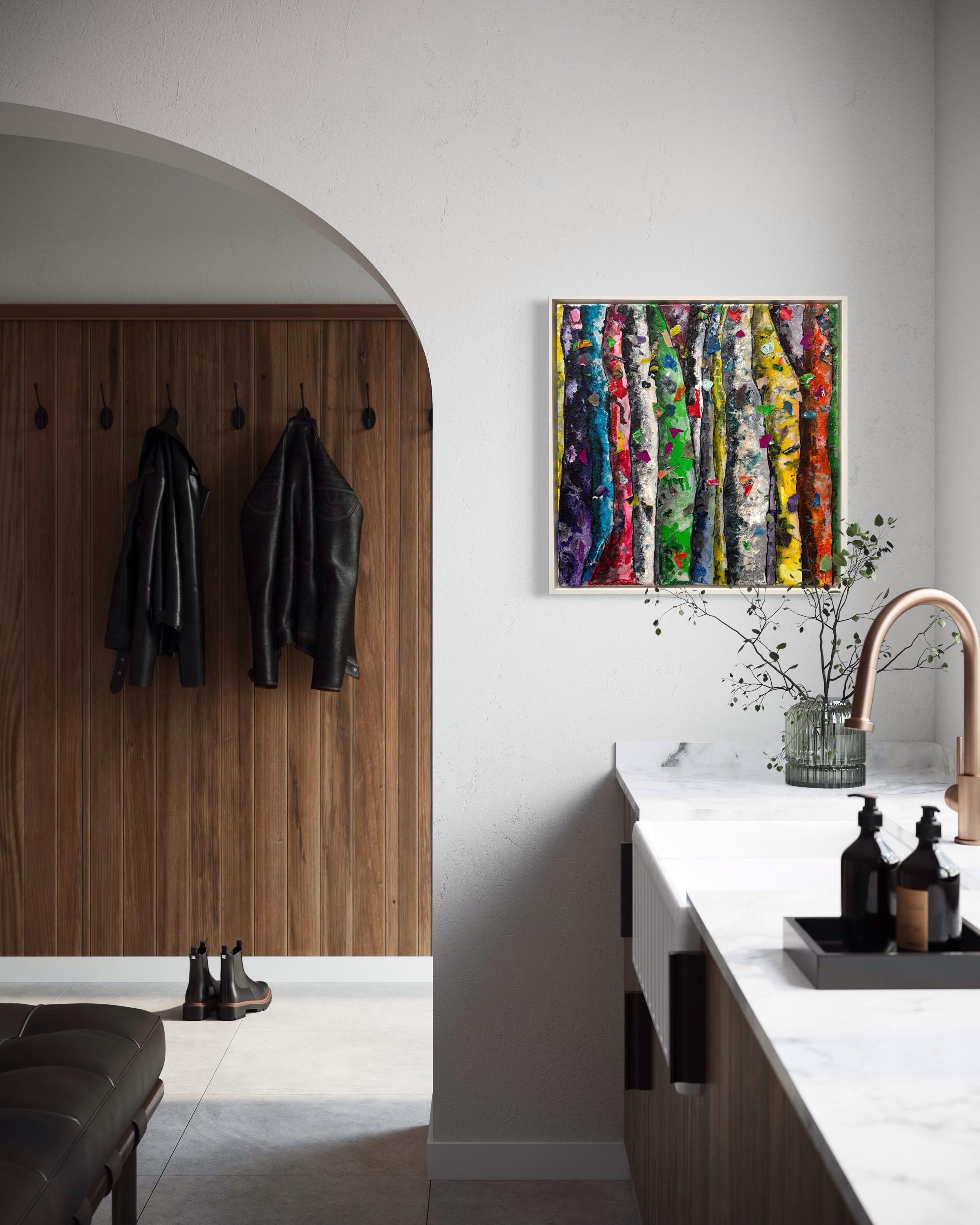 In “Vibrant Whisper,” Haleh Mashian captures the tenderness and delicateness of nature through a vibrant interplay of color, texture, and form. Carved vertical elements suggest a grove of trees, while scattered falling leaves made from different