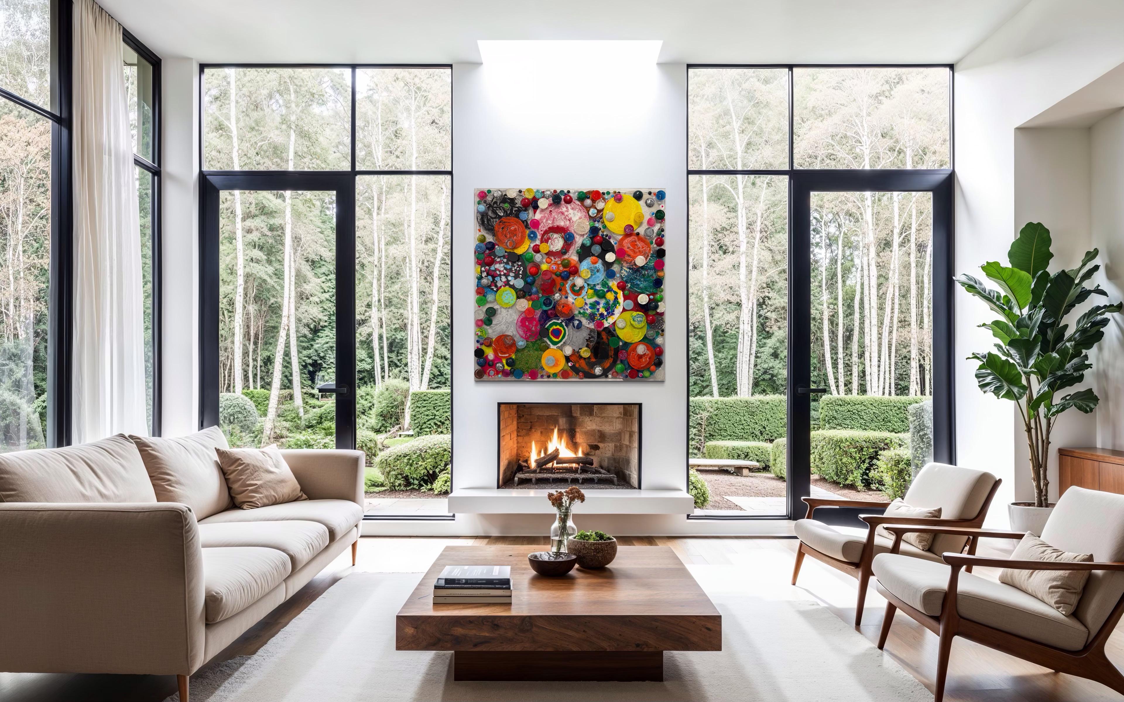 This vibrant artwork, an intricate assemblage of circles, symbolizes the cyclical nature of energy and life. Each meticulously crafted piece features a dynamic mix of colors and textures, creating a stunning visual representation of
