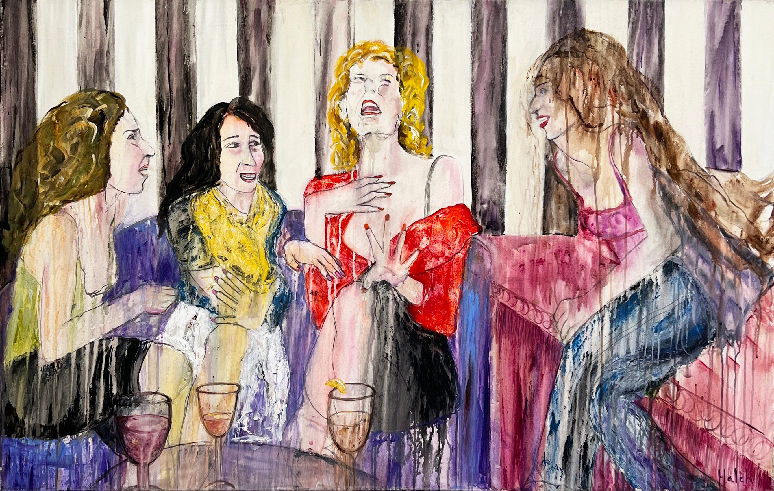 Über das Kunstwerk: 


In Haleh Mashians Mixed-Media-Arbeit "About Last Night" führen vier Frauen ein angeregtes Gespräch und erinnern sich an ihre Heldentaten vom Vorabend. Durch Mashians ausdrucksstarke Pinselführung und verschiedene Techniken zum