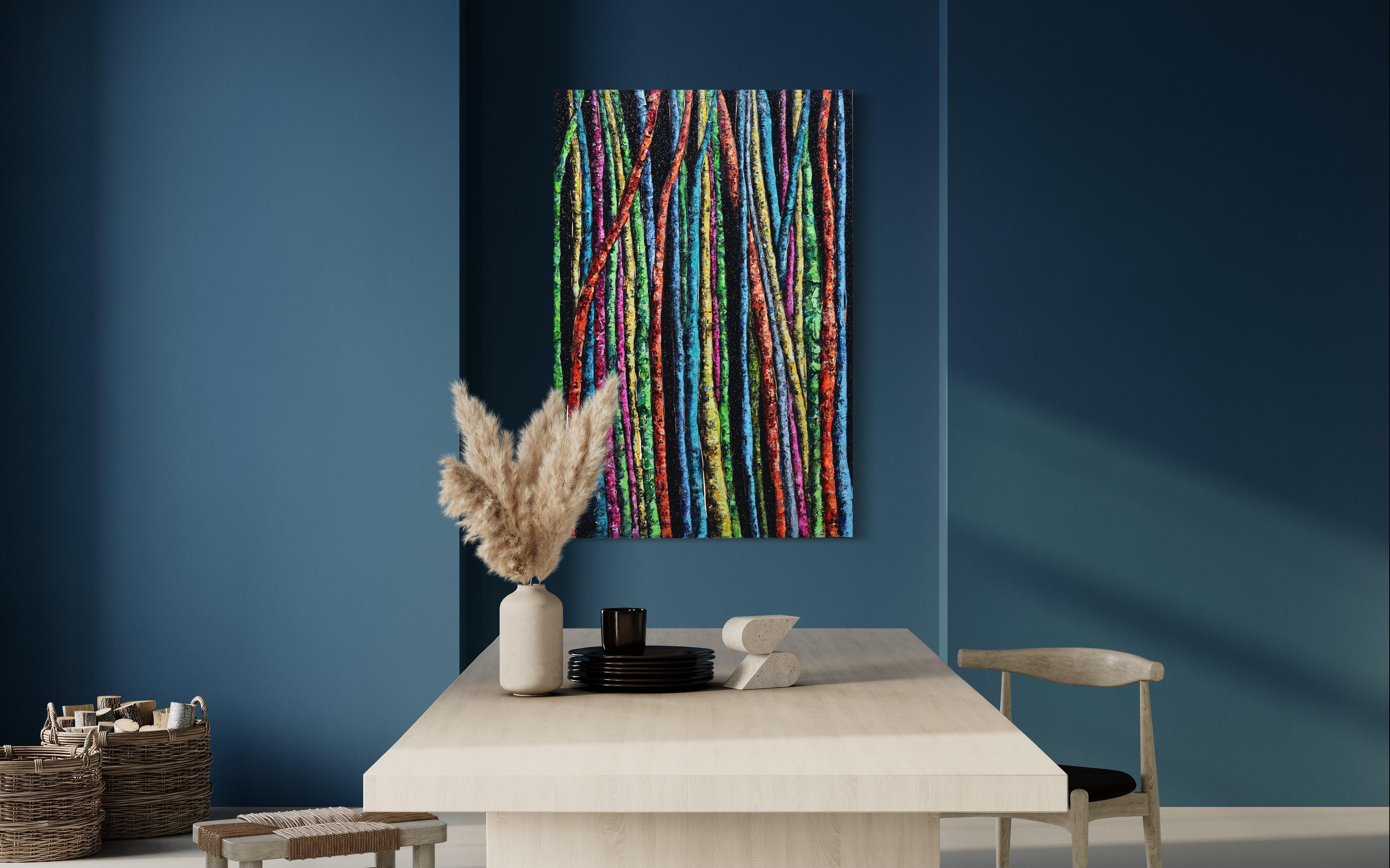 This vertical 60 inch high by 40 inch wide textural mixed media painting on canvas is wired and ready to hang. It is backlit with a multicolor LED light. The sides of the artwork are painted and it does not require framing. It is hand signed by the