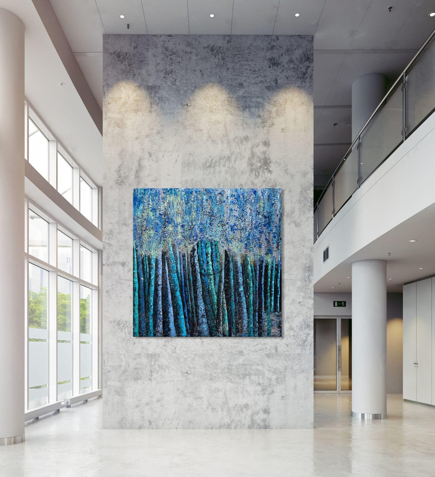 This large 72 inch square textural mixed media painting on canvas is wired and ready to hang. It is hand signed by the artist on the back of the artwork. This piece is brought to life by an amazing tactile quality. The built up texture and colors