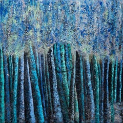 „Blauer Mond“ – Blaues monochromes, strukturiertes Gemälde in Mischtechnik von Haleh Mashian