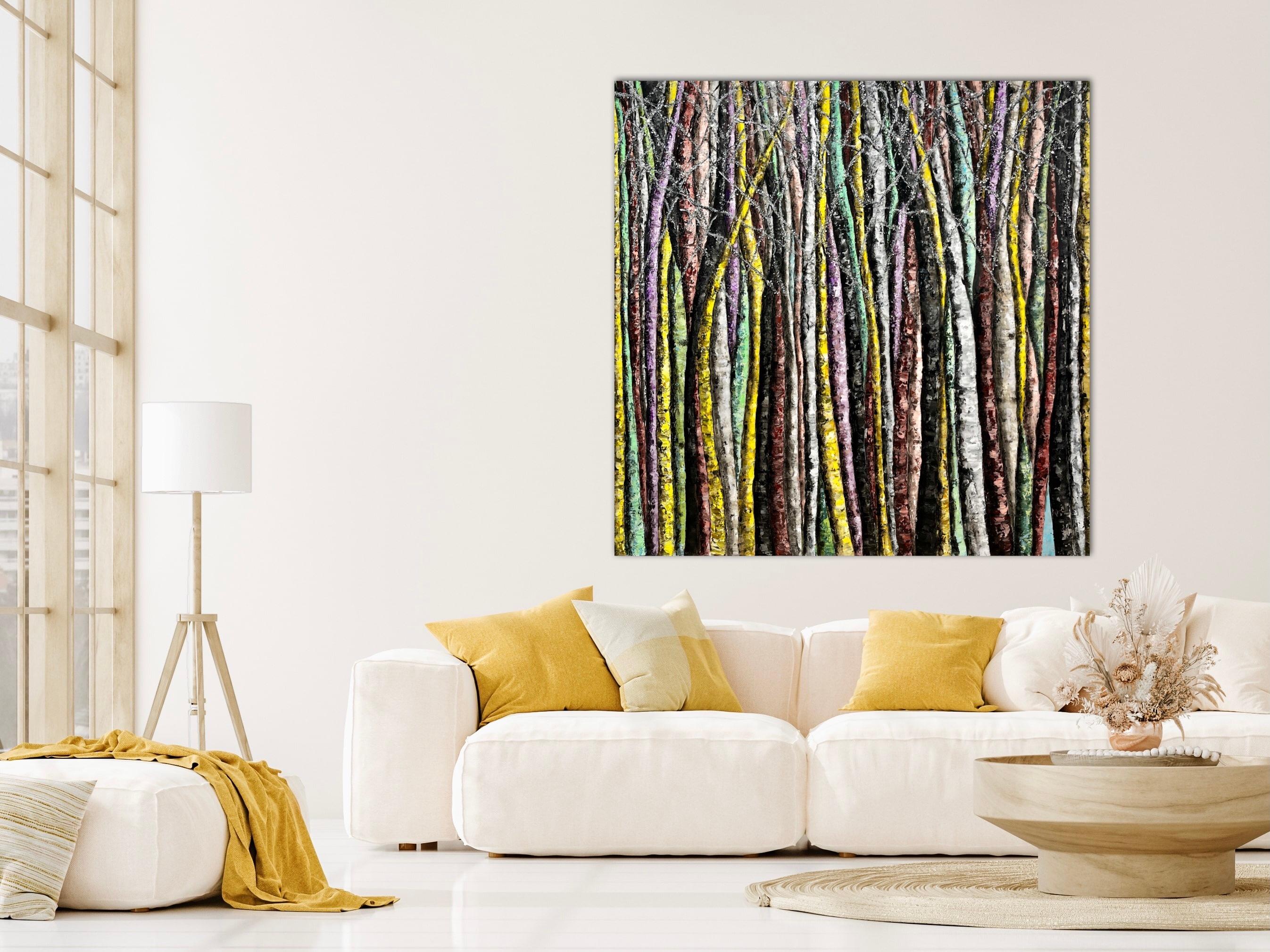 This 48 inch square original textural painting of trees on canvas is wired and ready to hang. It is signed by the artist on the back. The thick layering of colorful paint, resin, glitter and other mixed media elements present a dazzling tactile