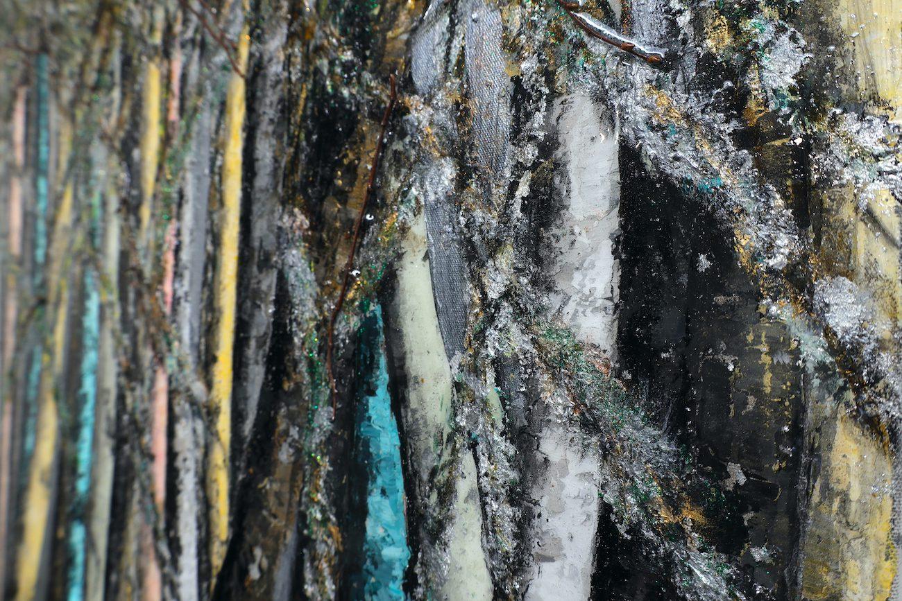 Haleh Mashian’s “Emergent Splendor” invites viewers into a forest where color and texture redefine nature’s rhythm. The composition is alive with an intricate layering of pigment, sculptural relief, and dynamic contrasts that create an almost