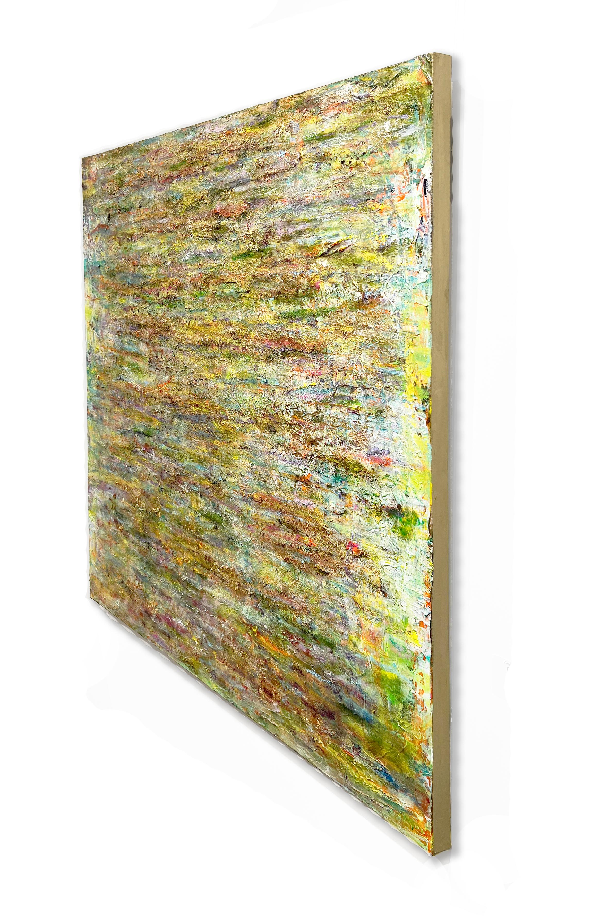 This 48 inch square textural mixed media painting on canvas is wired and ready to hang. It is hand signed by the artist on the back of the artwork. This piece is brought to life by an amazing tactile quality. The built up texture and colors create a