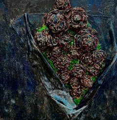 "Galactic Bouquet" Large-scale dark & textured mixed media painting of roses