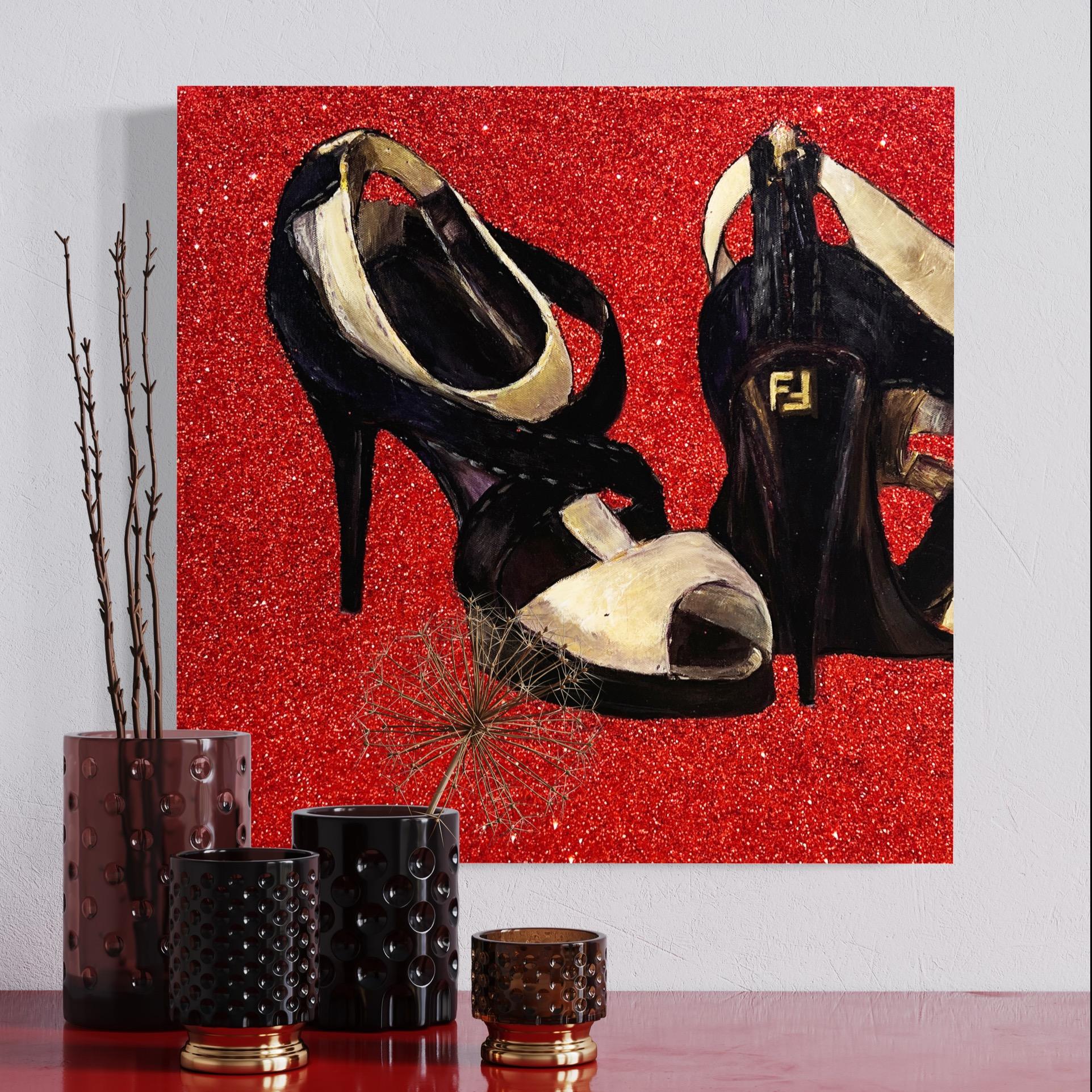 This 18 inch square mixed media painting on canvas is wired and ready to hang. It is hand signed by the artist on the back of the artwork. The background is covered in red glitter which makes the artwork sparkle.

For over 20+ years, Haleh Mashian’s