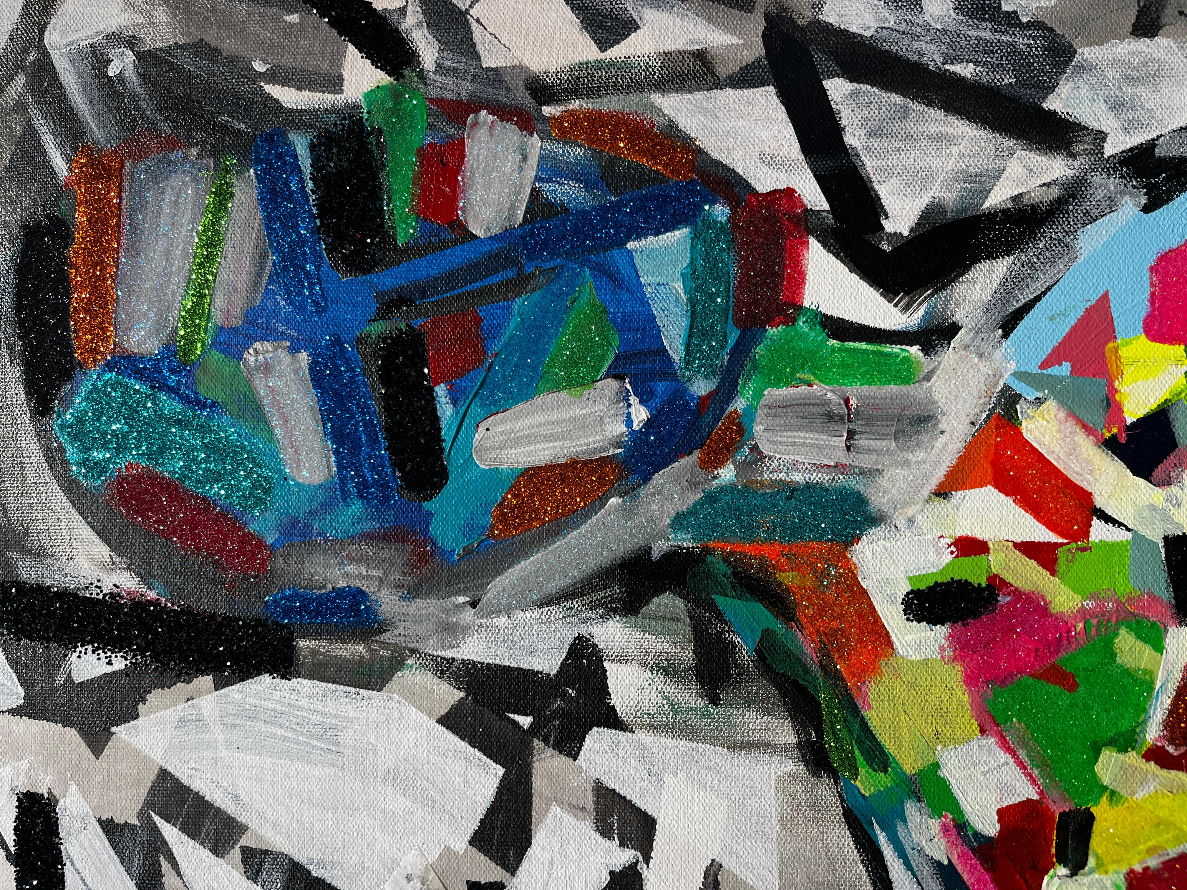 Abstraktes figuratives, farbenfrohes Mixed-Media-Kunstwerk „Momentum“ im Angebot 2