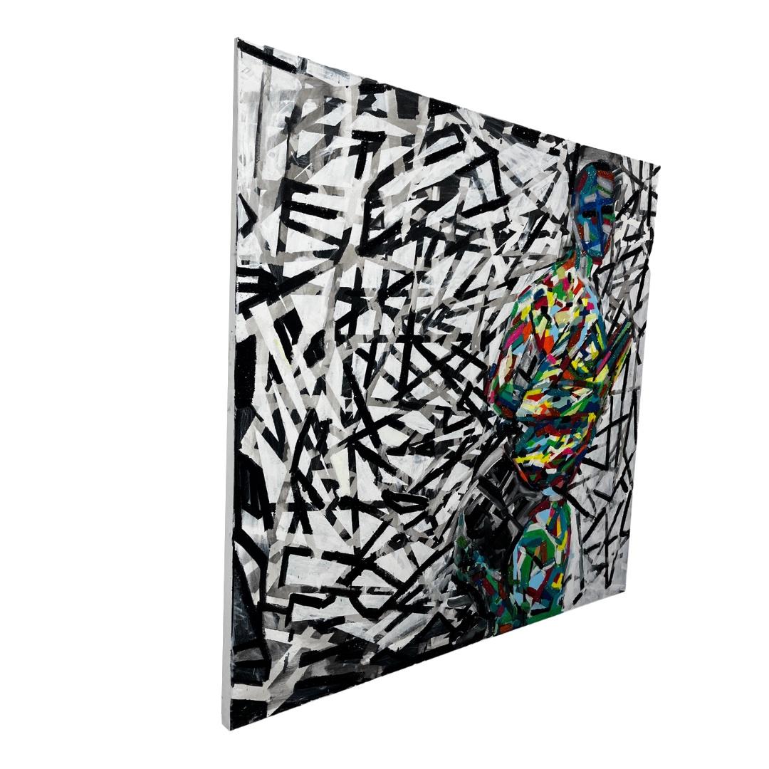 Abstraktes figuratives, farbenfrohes Mixed-Media-Kunstwerk „Momentum“ im Angebot 3