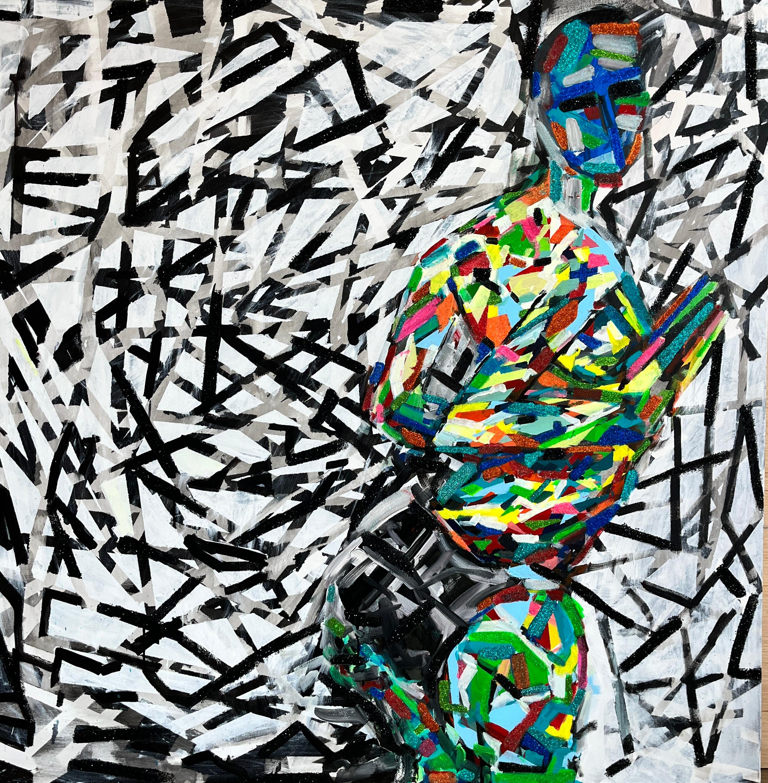 Haleh Mashian Figurative Painting – Abstraktes figuratives, farbenfrohes Mixed-Media-Kunstwerk „Momentum“