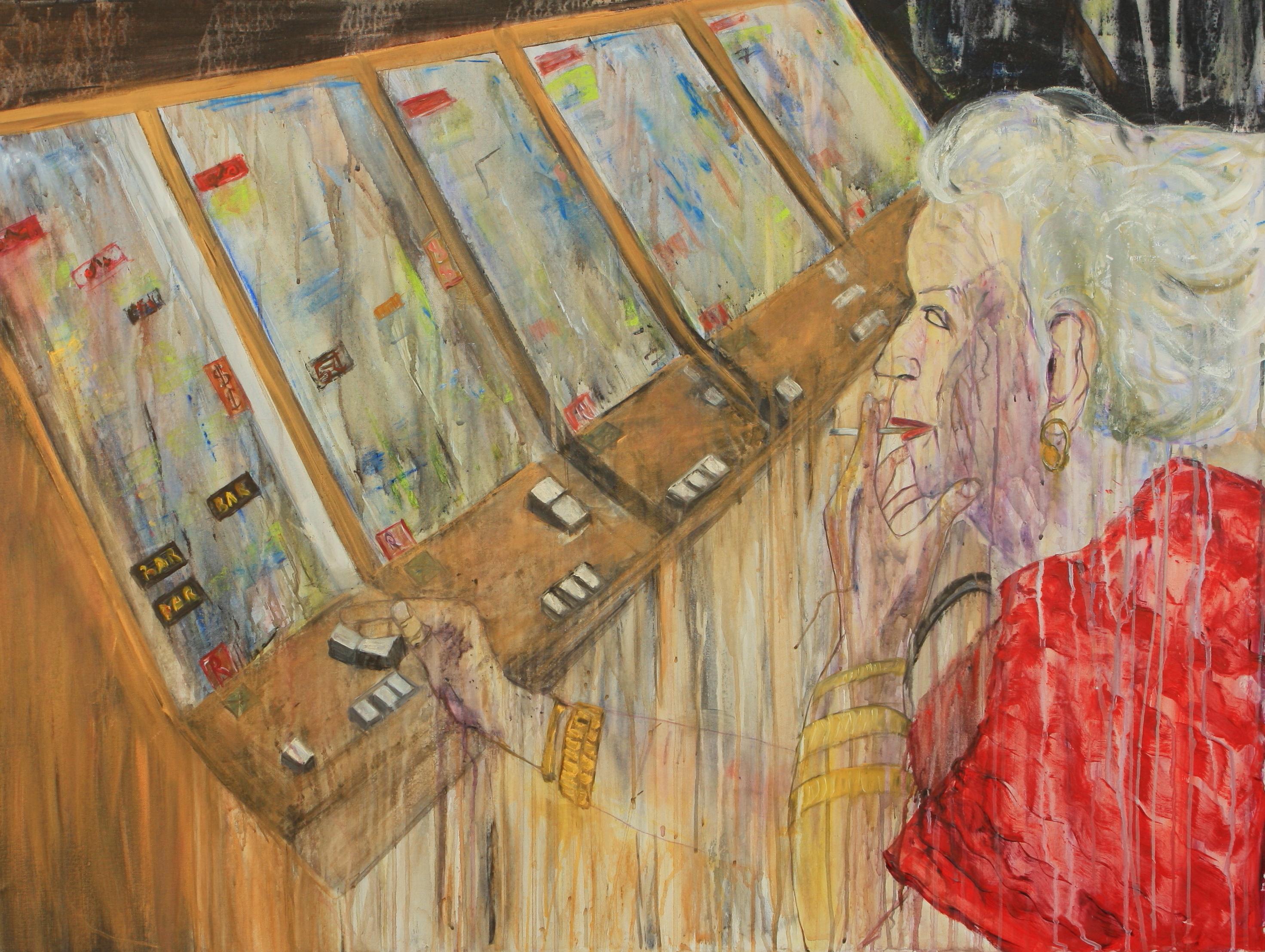 ABOUT THE ARTWORK
The painting depicts an old woman sitting at a slot machine, her face showing the signs of age and weariness. With a cigarette in her hand, she sits there aimlessly, lost in the world of the slot machine, hoping for a momentary