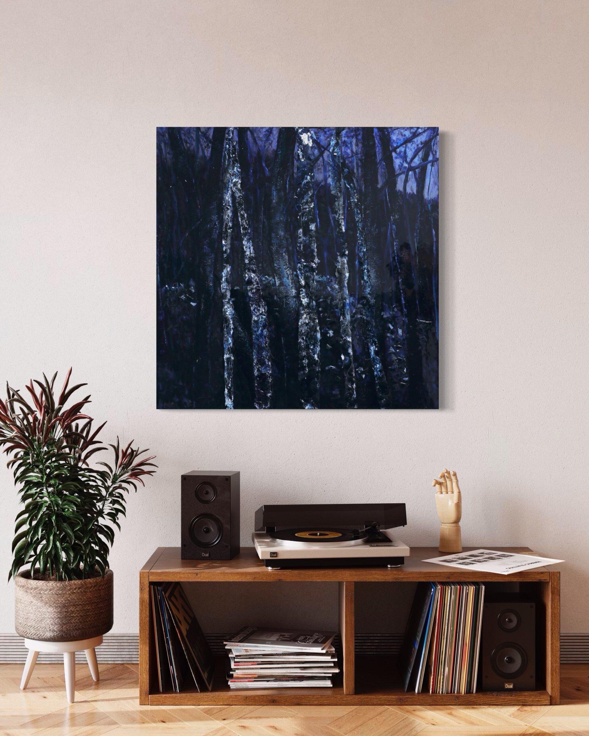 Haleh Mashian’s “Silver Secrets” captures the quiet mystique of a moonlit forest, where deep blues and purples create a hushed, dreamlike atmosphere. Streaks of silver cut through the darkness like fleeting glimmers of hidden messages, suggesting a