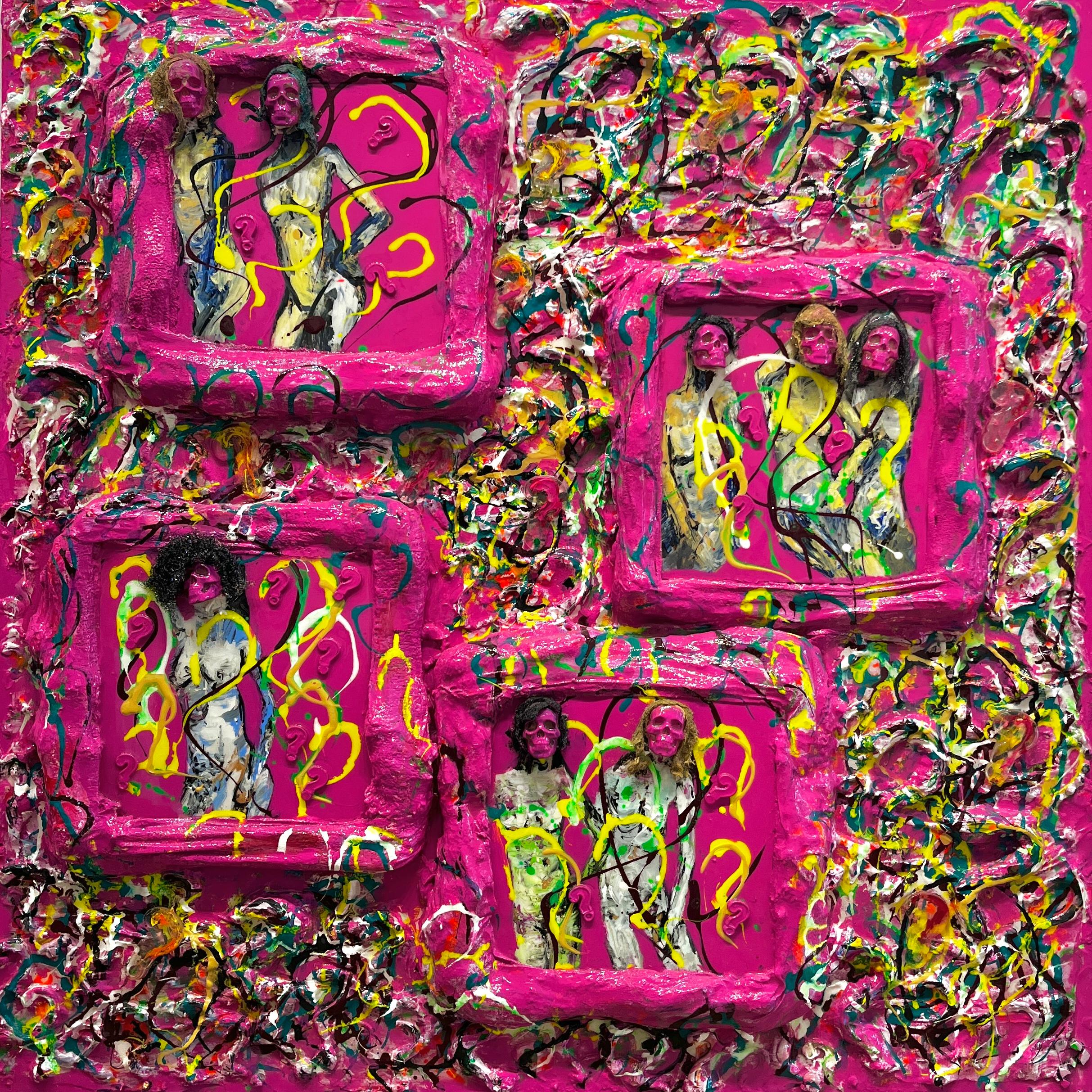 Haleh Mashian Abstract Painting – "So viele Fragen//Nur eine Antwort" texturiert und lebendig rosa gemischte Medienkunst 