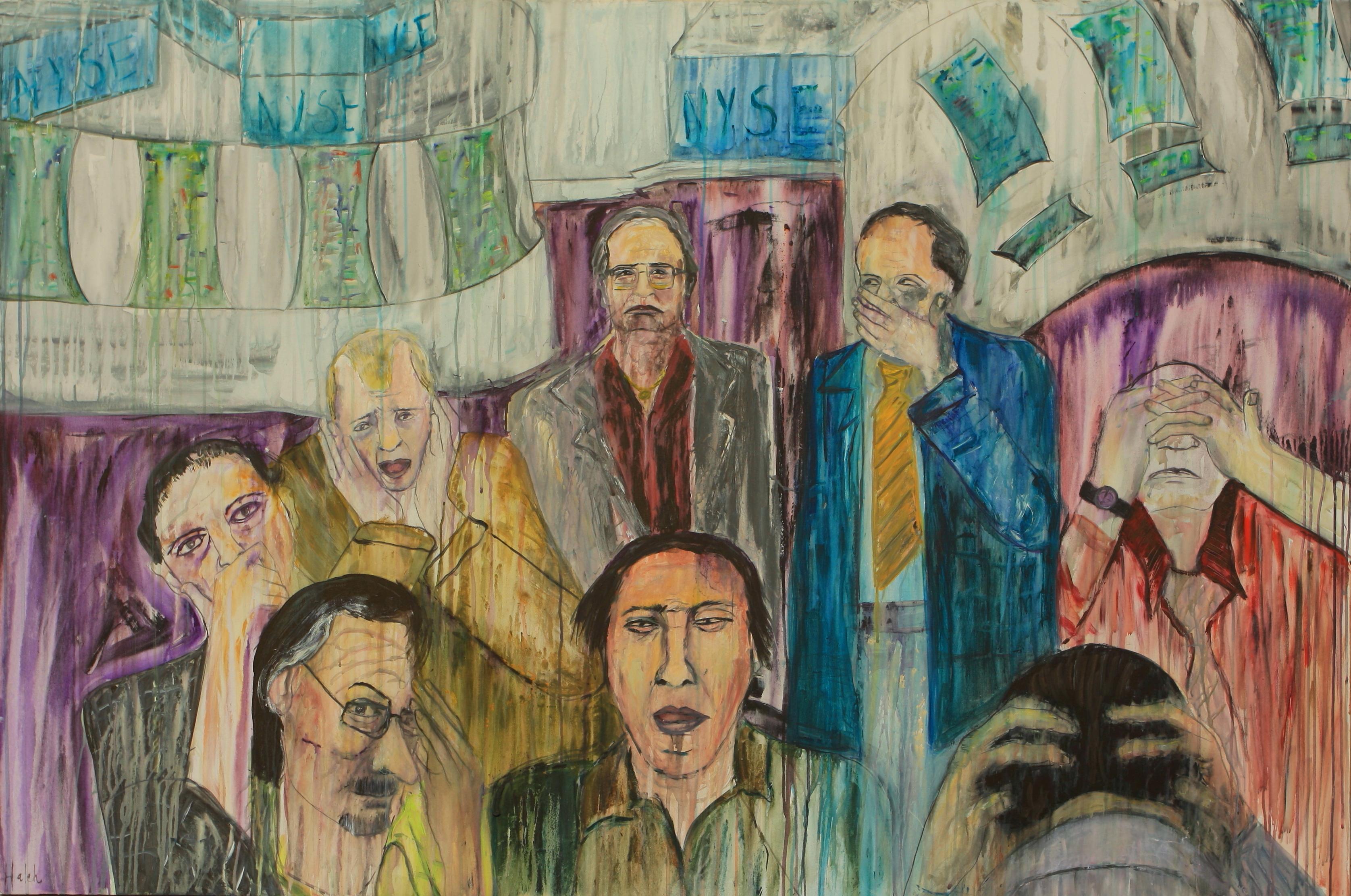 ABOUT THE ARTWORK:

The painting portrays a scene of despair and anguish as a group of men gather together, their faces filled with worry and tension. The artist captures the devastating consequences of their indulgence in risky stock market