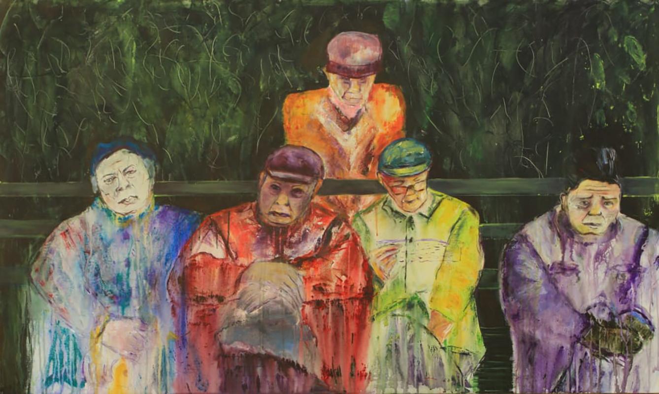 About the Artwork: 


In Haleh Mashian's mixed media piece, "The Final Stop," five figures are portrayed with a sense weariness as they wait at a bus stop. The artistic style chosen, along with the deliberate use of various acrylic mediums to create