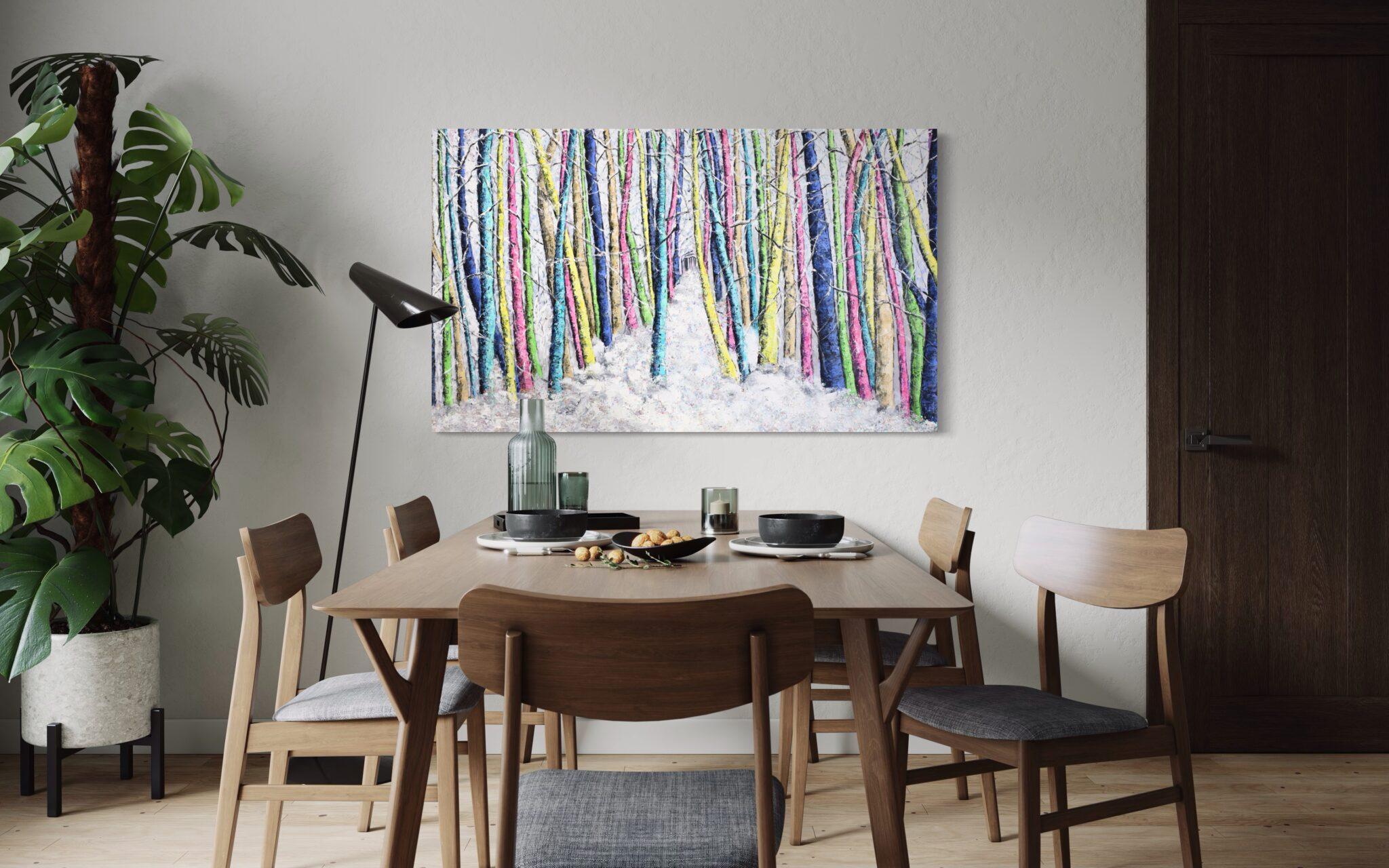 Haleh Mashian’s “The Lush Winter” transforms a traditionally monochromatic season into a symphony of color and texture. The forest, blanketed in snow, glows with an unexpected vibrancy as tree trunks burst with electric blues, radiant pinks, and