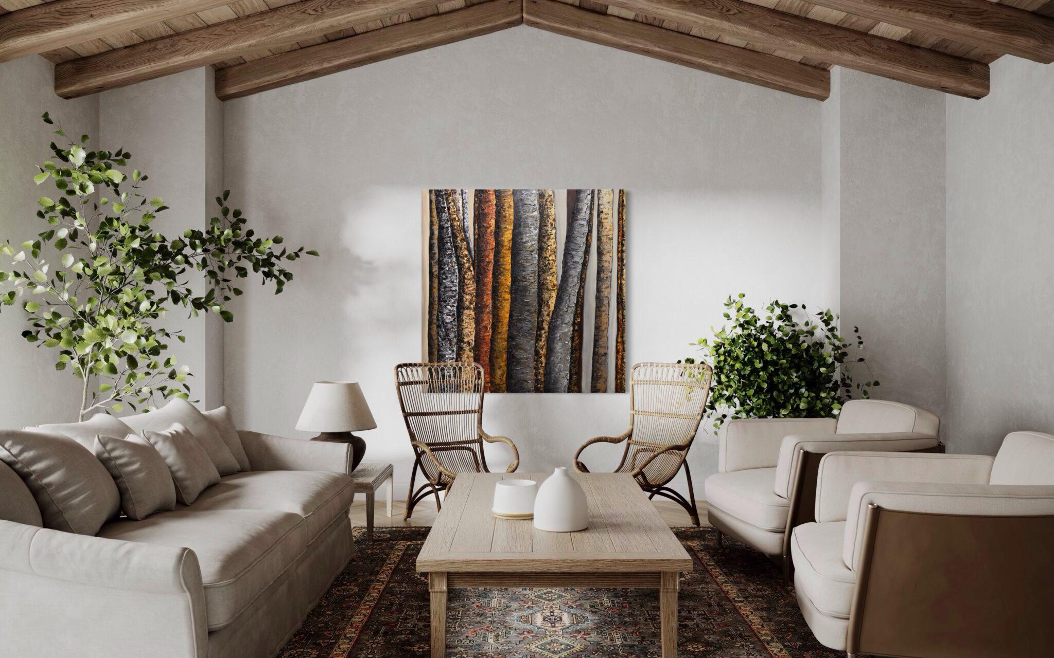 Haleh Mashian’s “Veils of Nature” distills the forest to its fundamental elements—texture, depth, and quiet resilience. Earthy charcoals, bronzes, and ochres form a restrained palette, lending the piece a sense of timelessness.  Vertical forms