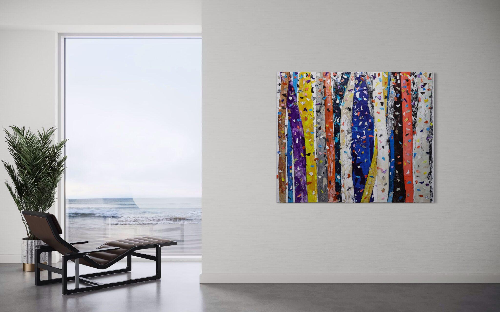 “Whimsical Flow” bursts with a vibrant splash of colors, showcasing a modern interpretation of a forest that exudes freshness and joy. Primary colors collide in a dynamic display, where each tree trunk is uniquely crafted and arranged to create a