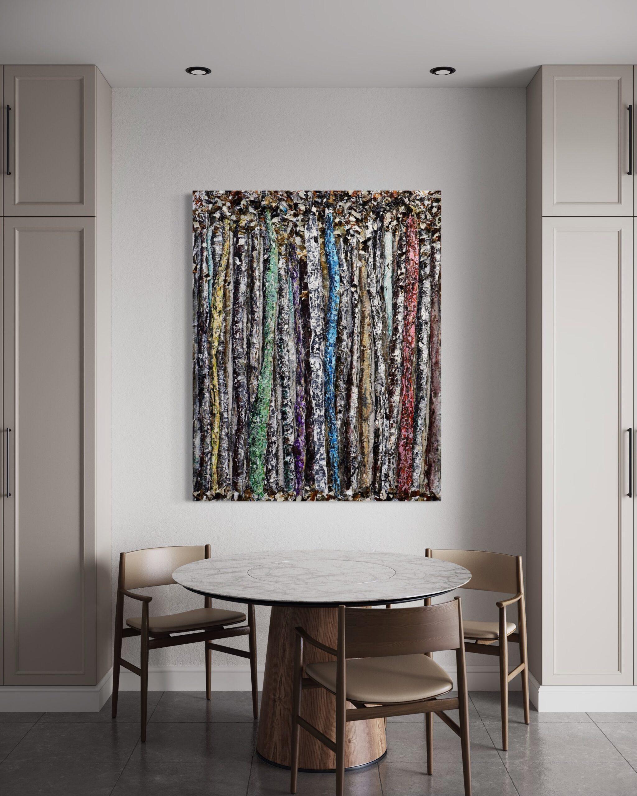 Haleh Mashian’s “Woodland Embrace” is a distinctive mixed media painting that captures the essence of a dense, layered forest through bold texture, rich contrasts, and unexpected bursts of color. The verticality of the tree trunks creates a rhythmic