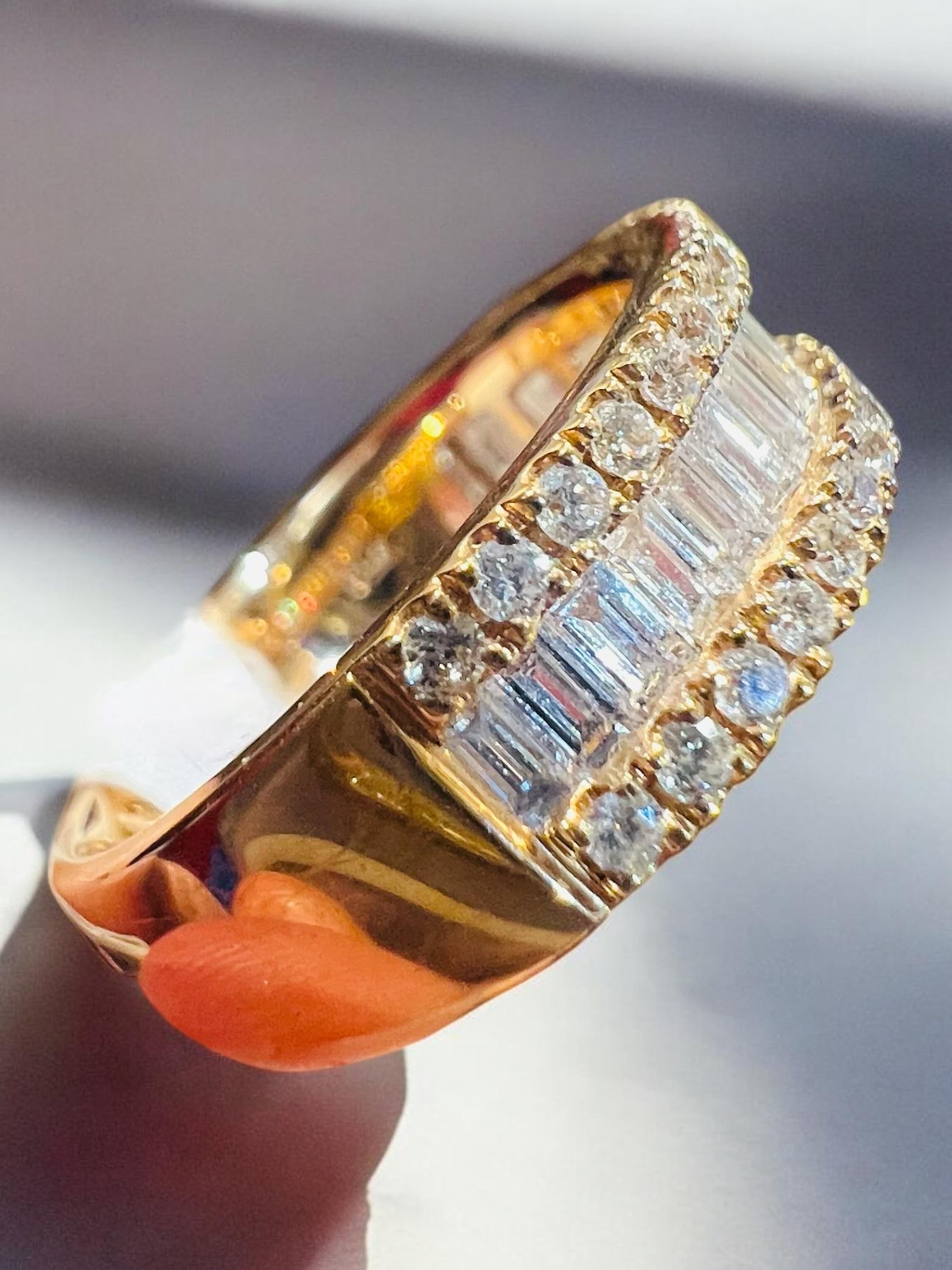 Baguette Cut Half-alliance Ring In 18 Ct Yellow Gold Set With Baguette-cut Diamonds And Diamo For Sale