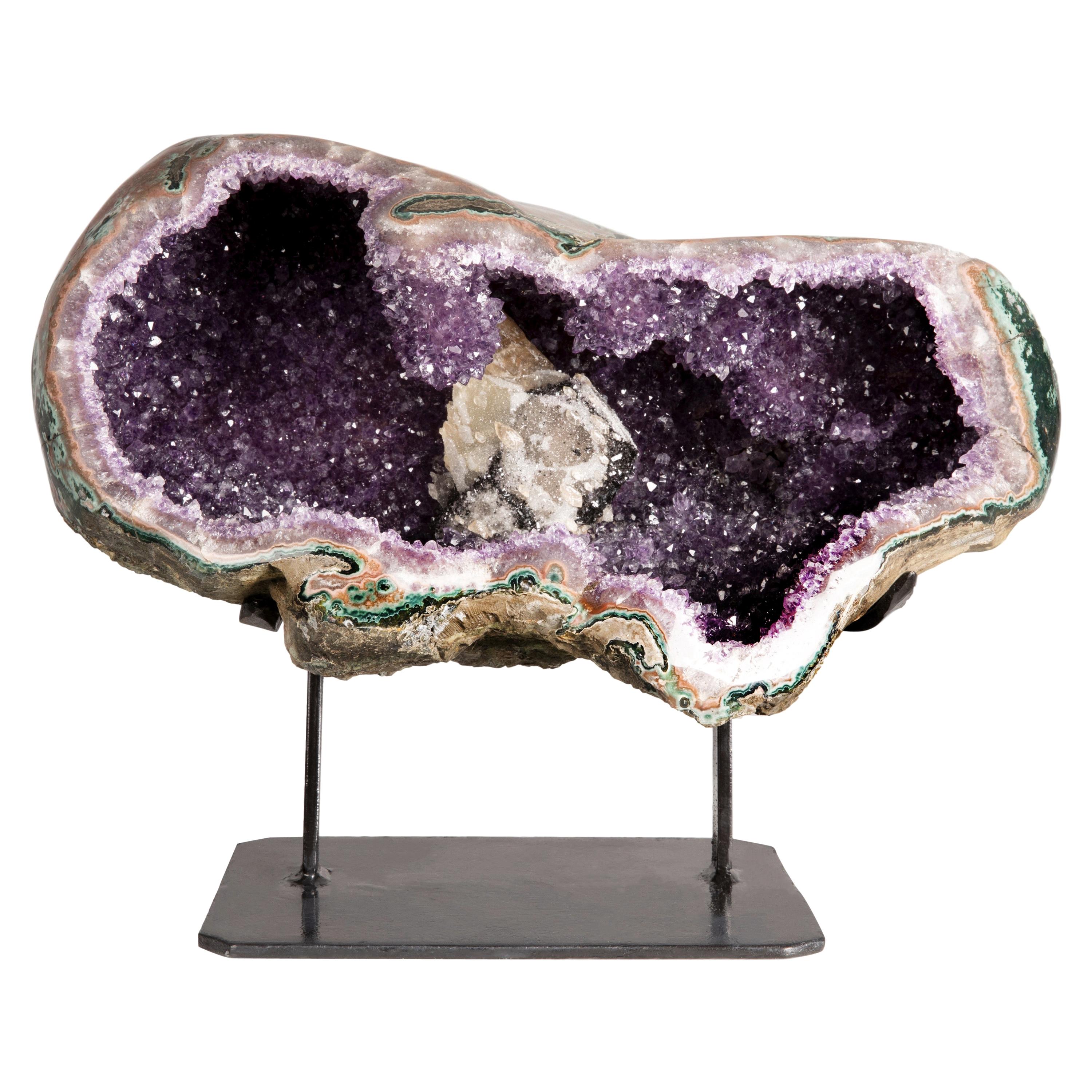 Half Amethyst Geode with Calcite Formation Overlaid by Hematite and White Quartz