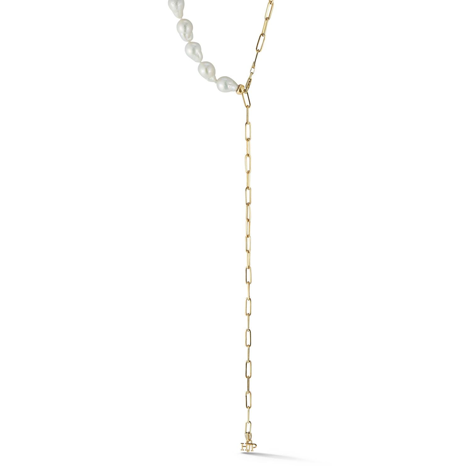 Contemporary Half Baroque Pearl and Half 14k Gold Paperclip Chain Long Convertable Necklace For Sale