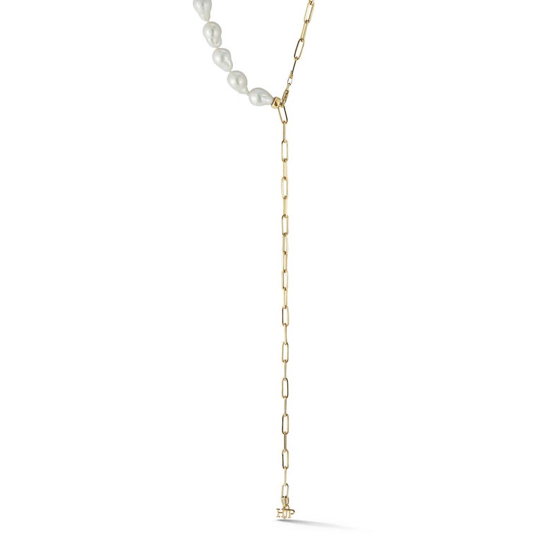 Half Baroque Pearl and Half 14k Gold Paperclip Chain Long Convertable Necklace In New Condition For Sale In New York, NY