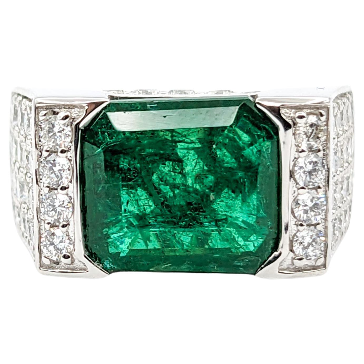 Half Bezel 4.53ct Emerald & Diamond Ring In White Gold