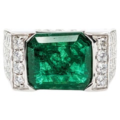 Vintage Half Bezel 4.53ct Emerald & Diamond Ring In White Gold