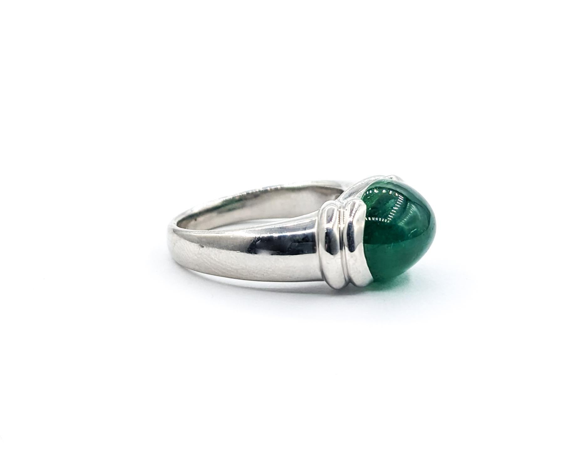 Half Bezel 5.27ct Cabochon Emerald Ring In Platinum For Sale 3