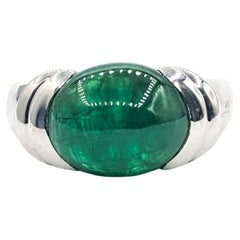 Half Bezel 5.27ct Cabochon Emerald Ring In Platinum
