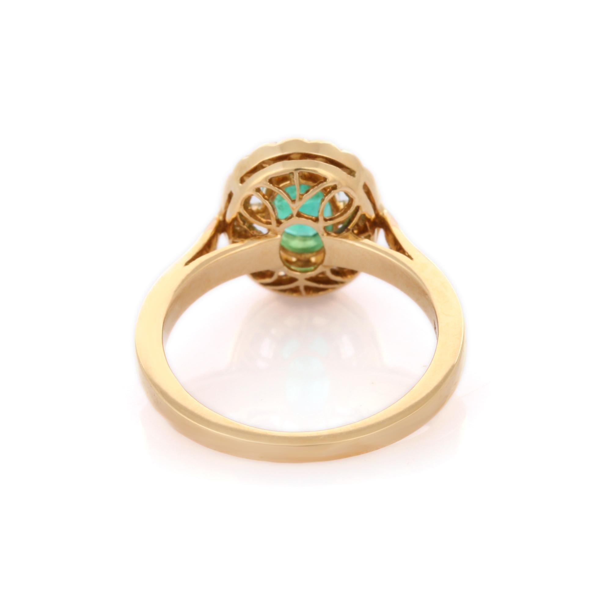 For Sale:  Contemporary Half Bezel Set Emerald and Halo Diamond Ring in 18K Yellow Gold 4